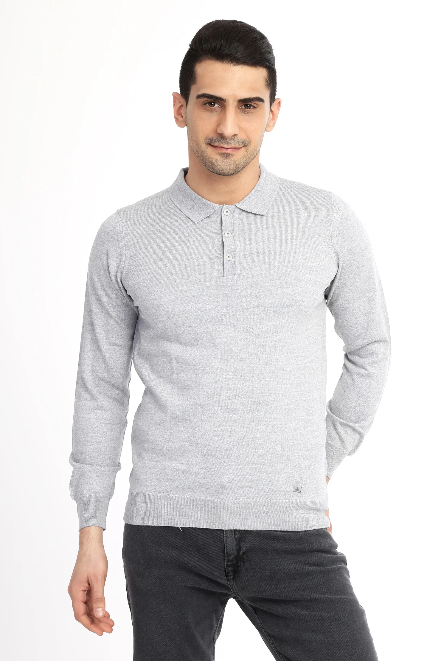 Açık Gri Polo Yaka Regular Fit Yünlü Triko Kazak