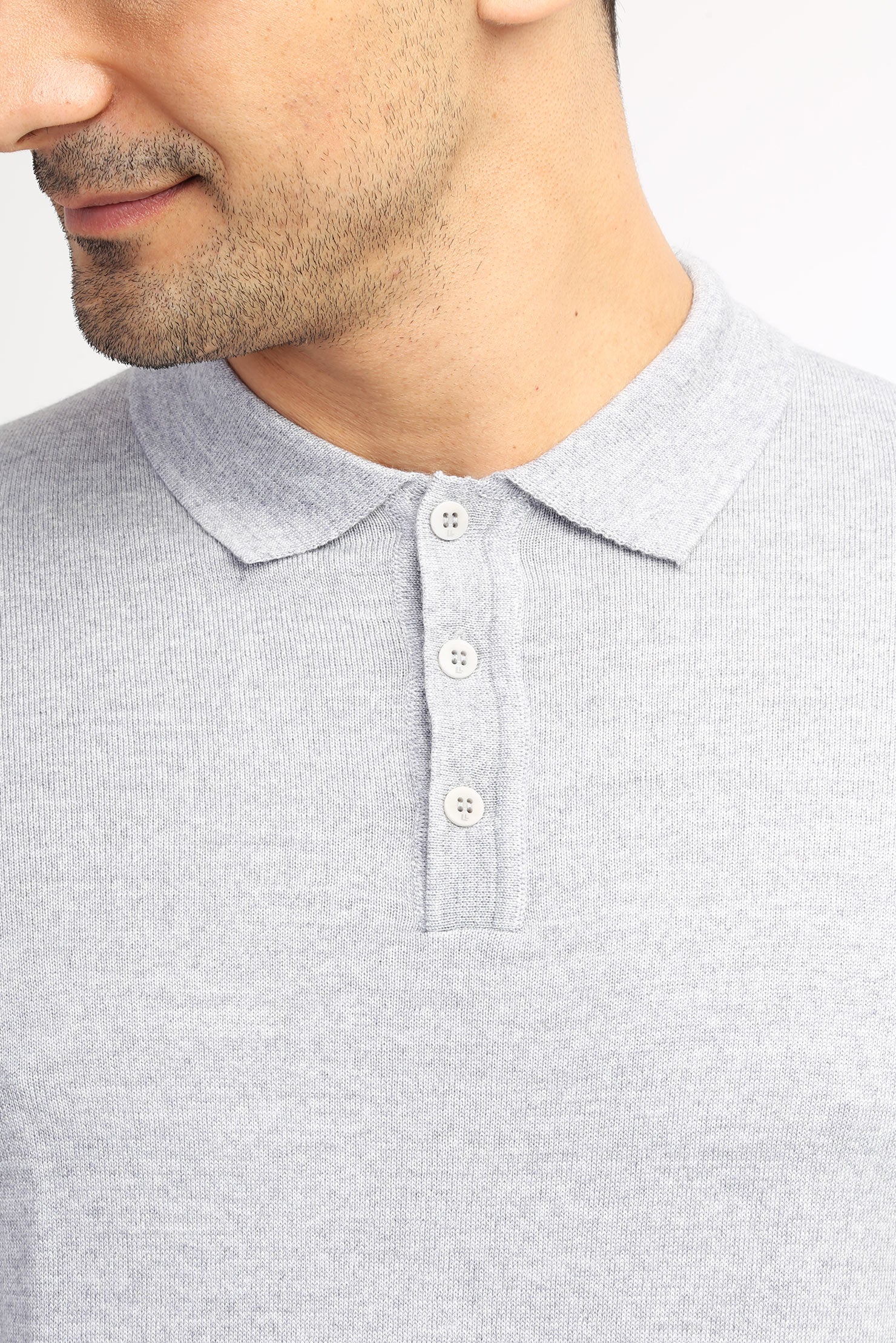 Açık Gri Polo Yaka Regular Fit Yünlü Triko Kazak - Image 2