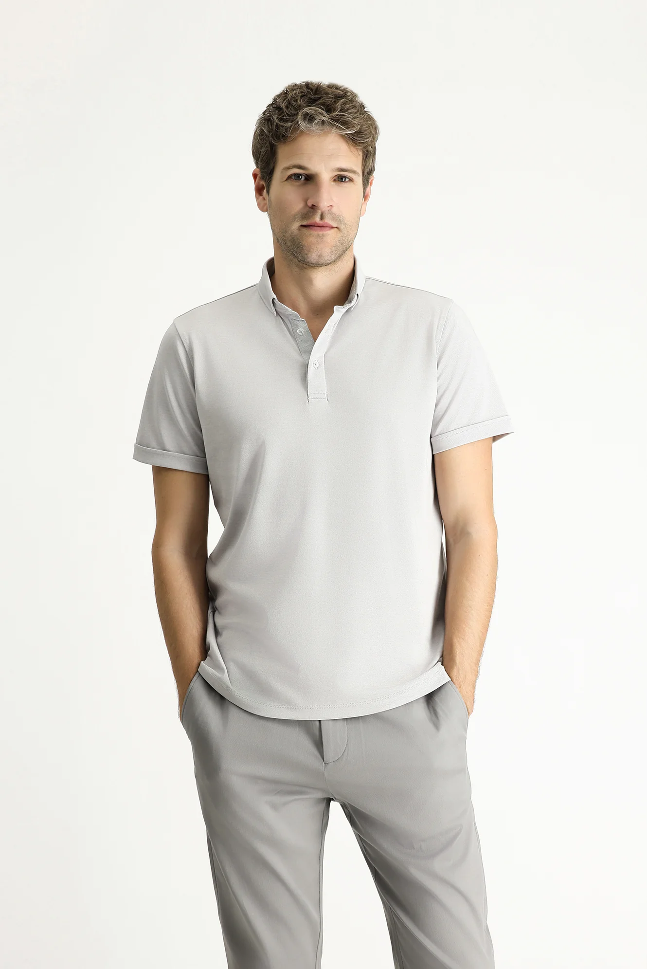 Açık Gri Polo Yaka Slim Fit Dar Kesim Pamuklu Tişört - Image 3