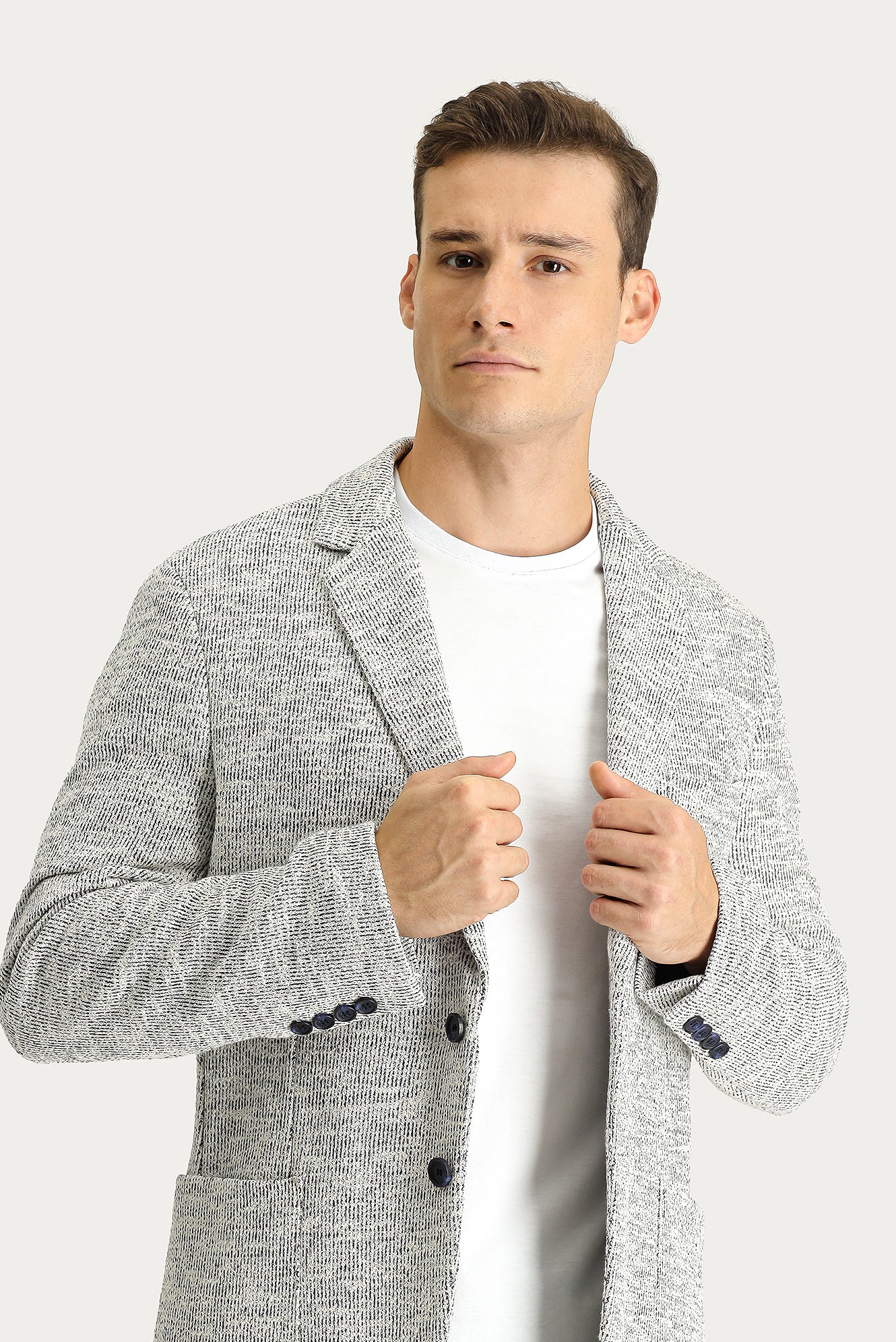 Açık Gri 6 Drop Regular Fit Standart Kesim Desenli Spor Örme Pamuklu Ceket