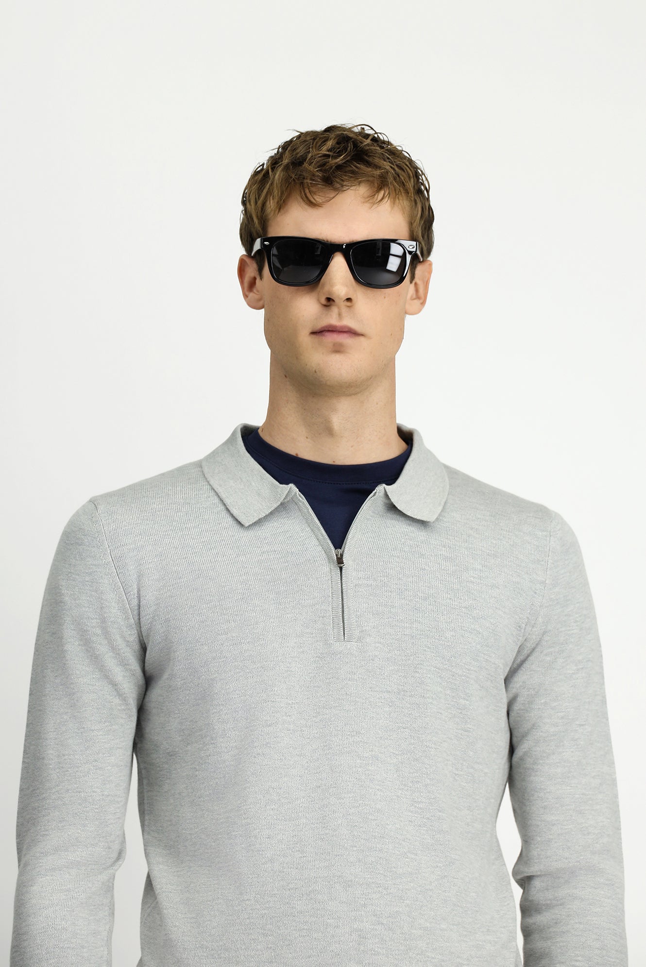 Açık Gri Polo Yaka Regular Fit Fermuarlı Pamuklu Örme Triko Kazak - Image 3