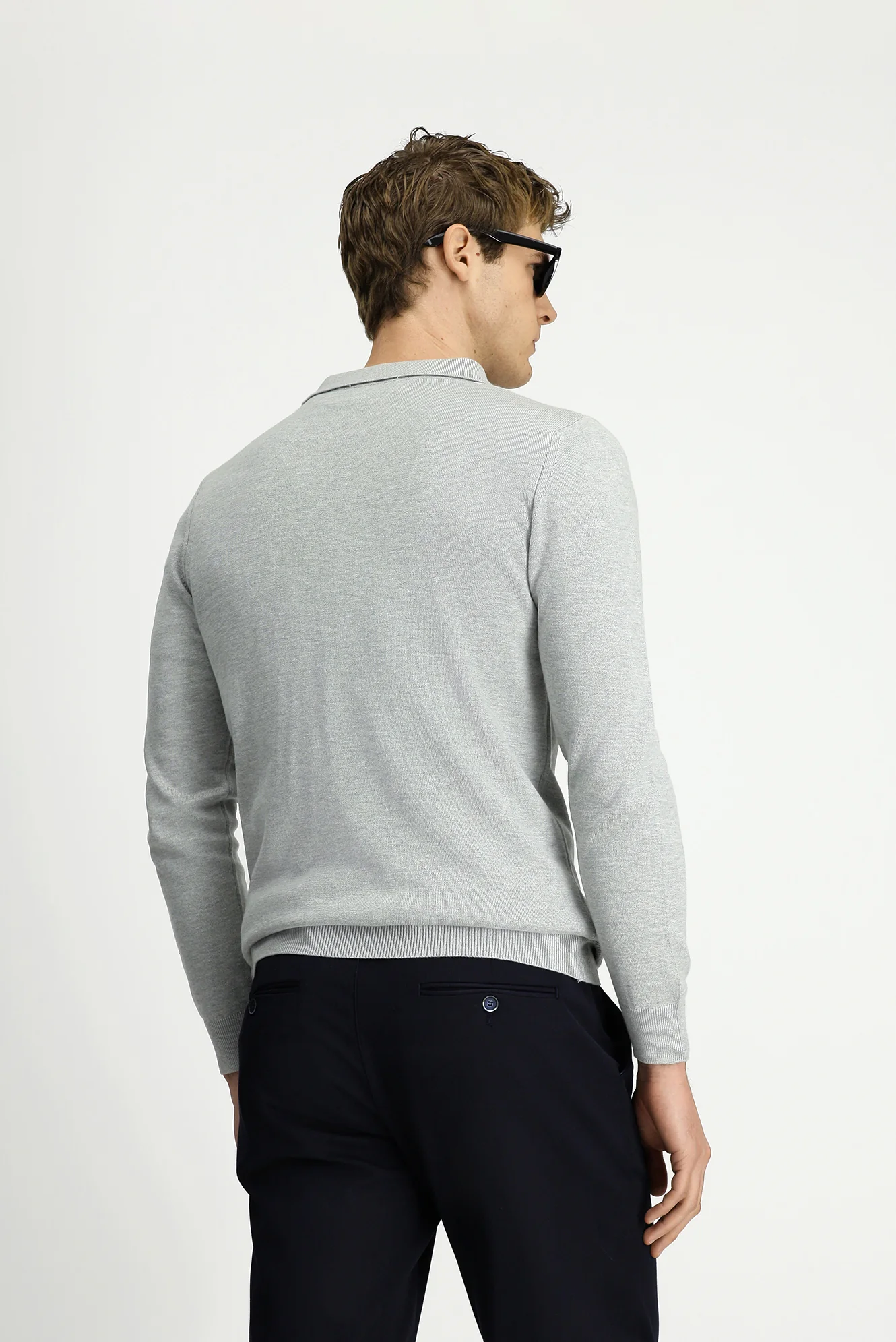 Açık Gri Polo Yaka Regular Fit Fermuarlı Pamuklu Örme Triko Kazak - Image 5