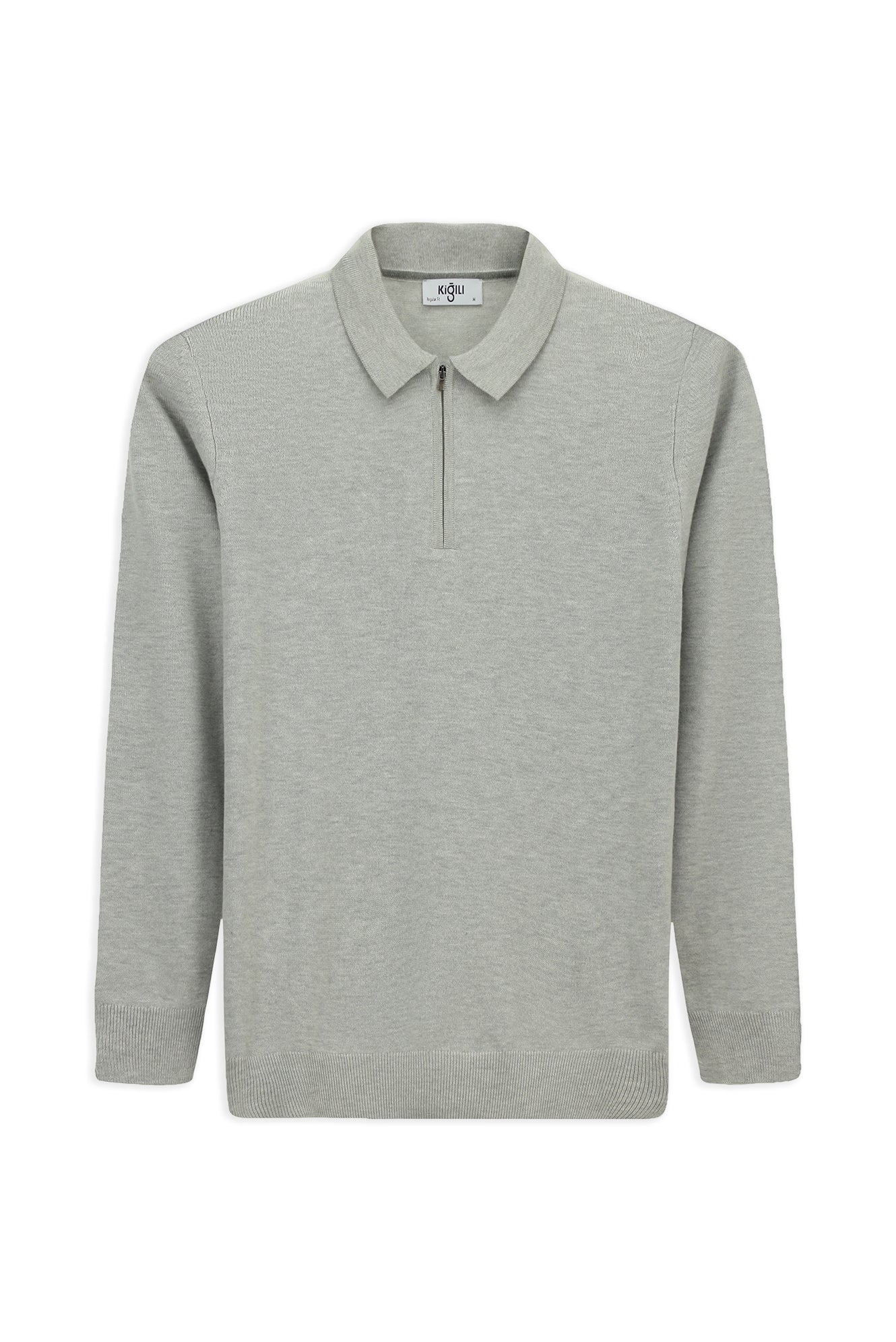 Açık Gri Polo Yaka Regular Fit Fermuarlı Pamuklu Örme Triko Kazak - Image 7