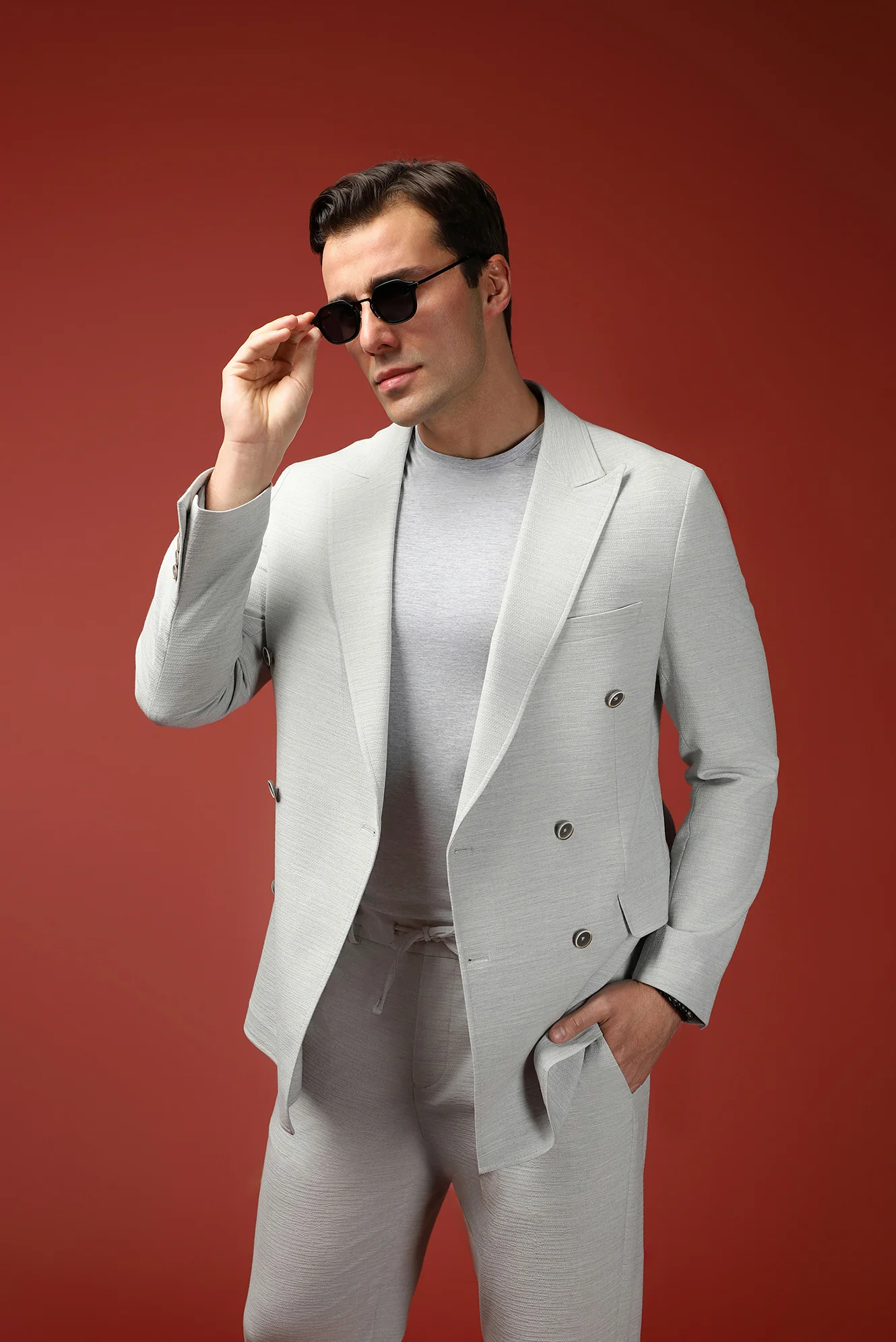 Açık Gri 6 Drop Regular Fit Standart Kesim Keten Karışımlı Kruvaze Takım Elbise - Image 2