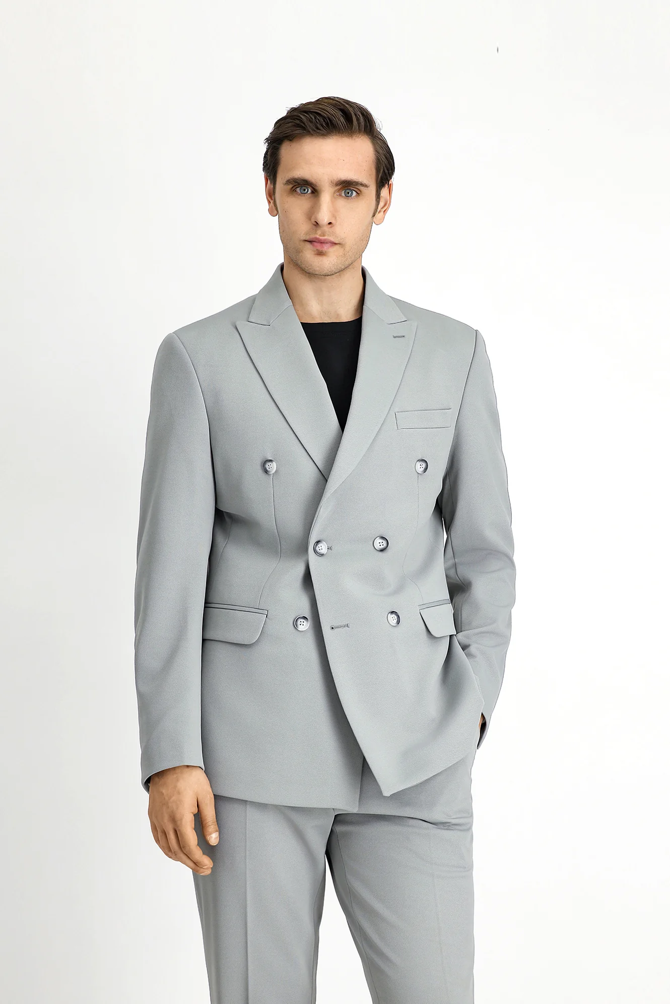 Açık Gri 6 Drop Regular Fit Standart Kesim Mevsimlik Kruvaze Takım Elbise - Image 2