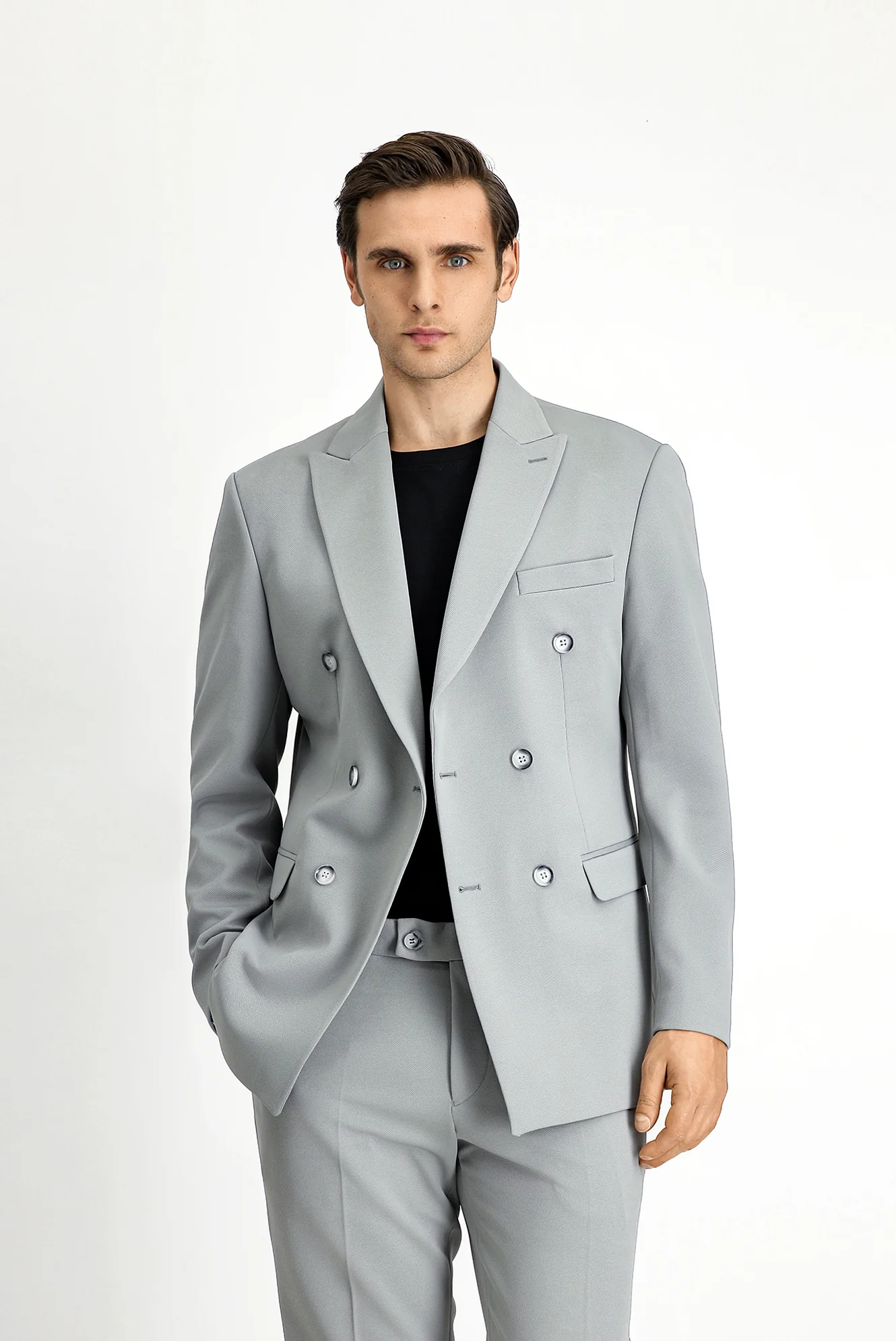 Açık Gri 6 Drop Regular Fit Standart Kesim Mevsimlik Kruvaze Takım Elbise - Image 5
