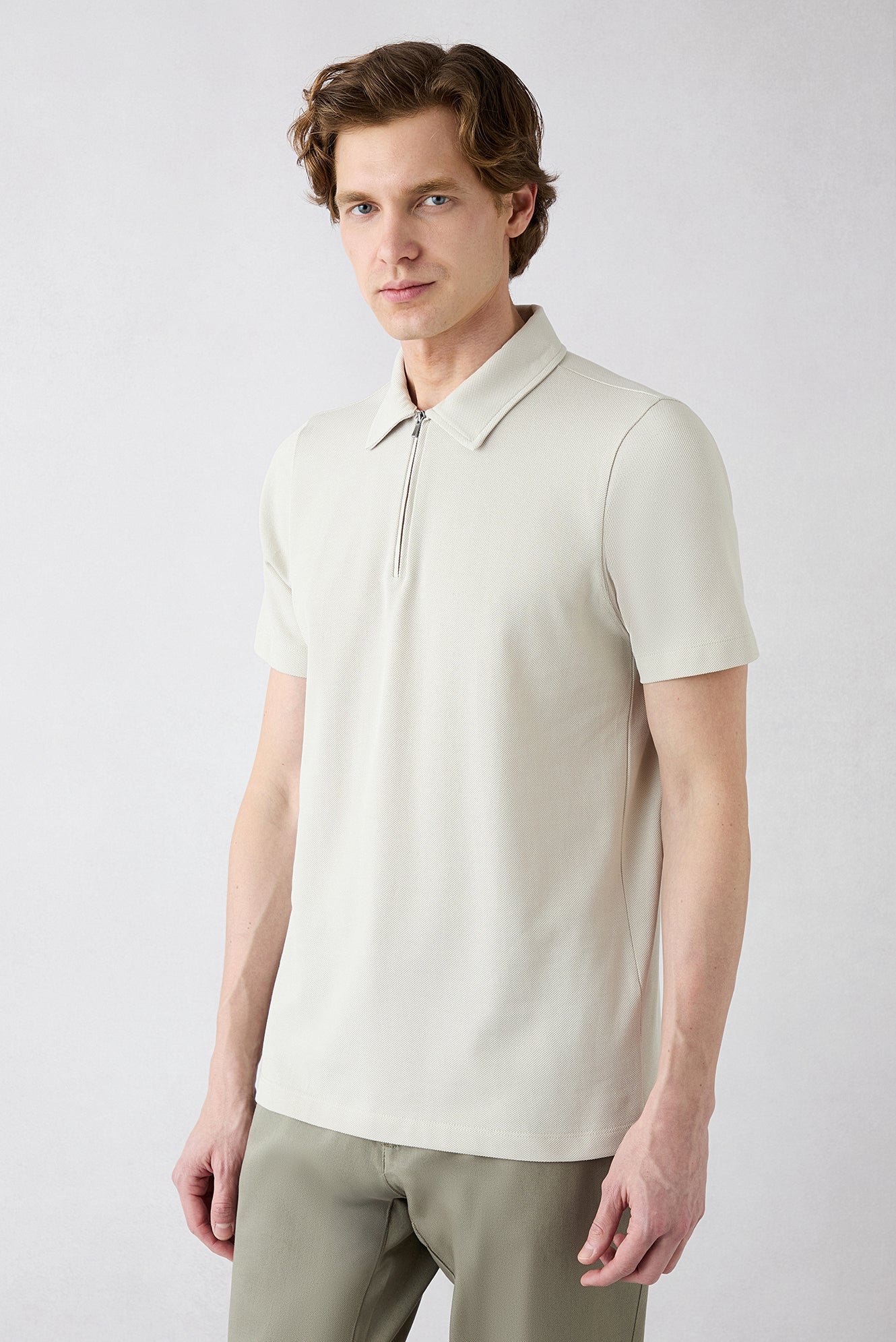 Açık Gri Regular Fit Pamuk Fermuarlı Polo Yaka Tişört - Image 3