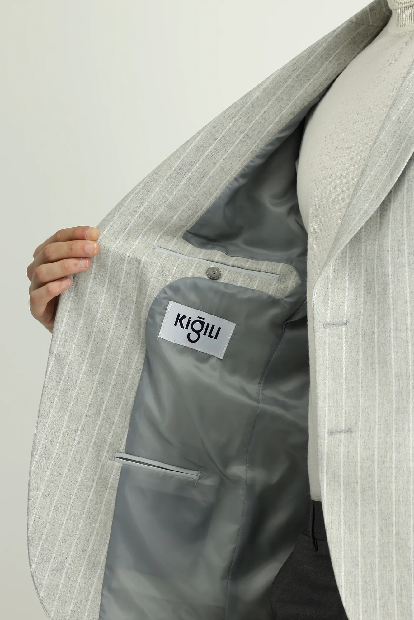 Açık Gri 6 Drop Regular Fit Standart Kesim Çizgili Yünlü Klasik Ceket - Image 6