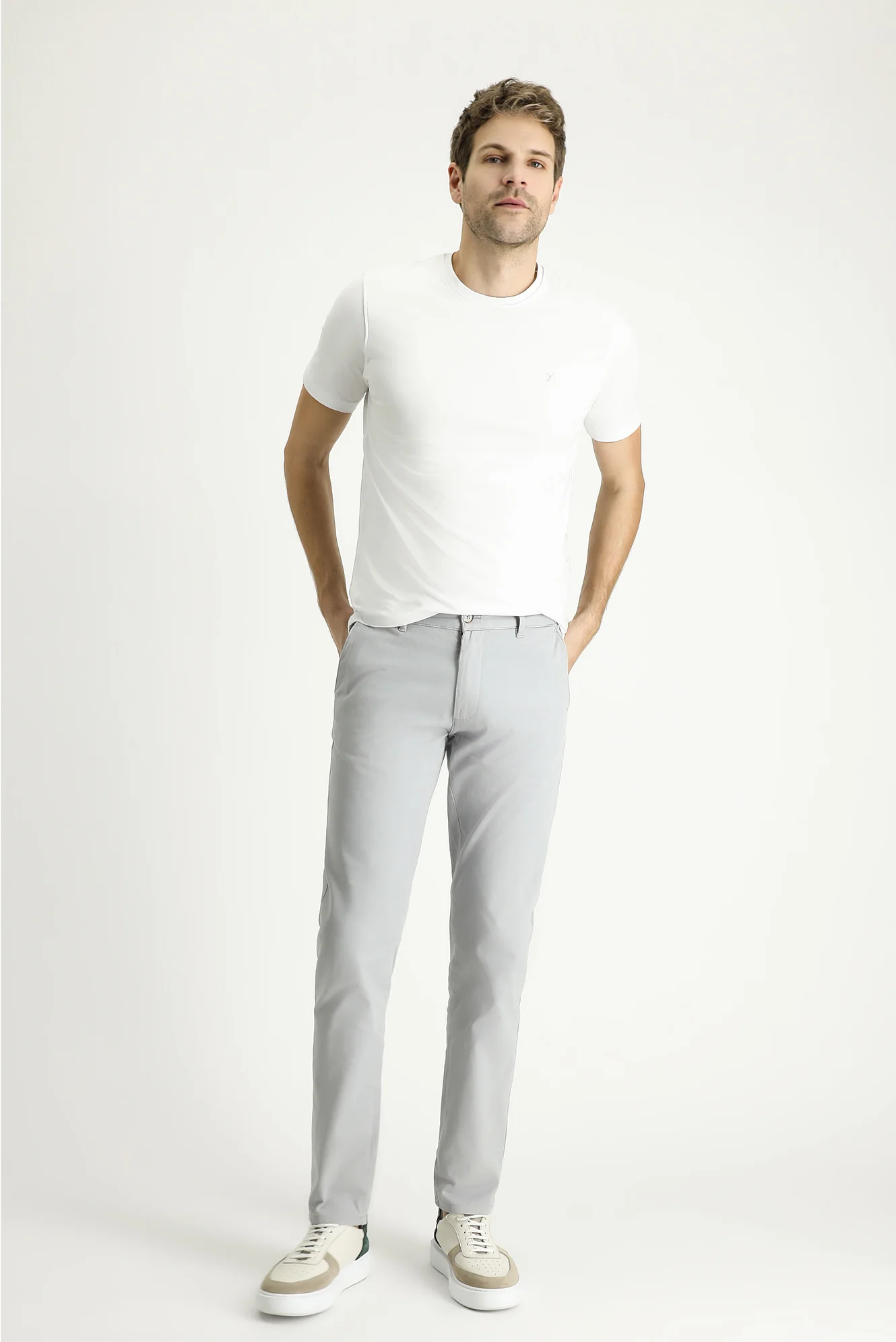 Açık Gri Relaxed Fit Rahat Kesim Desenli Likralı Kanvas / Chino Pantolon