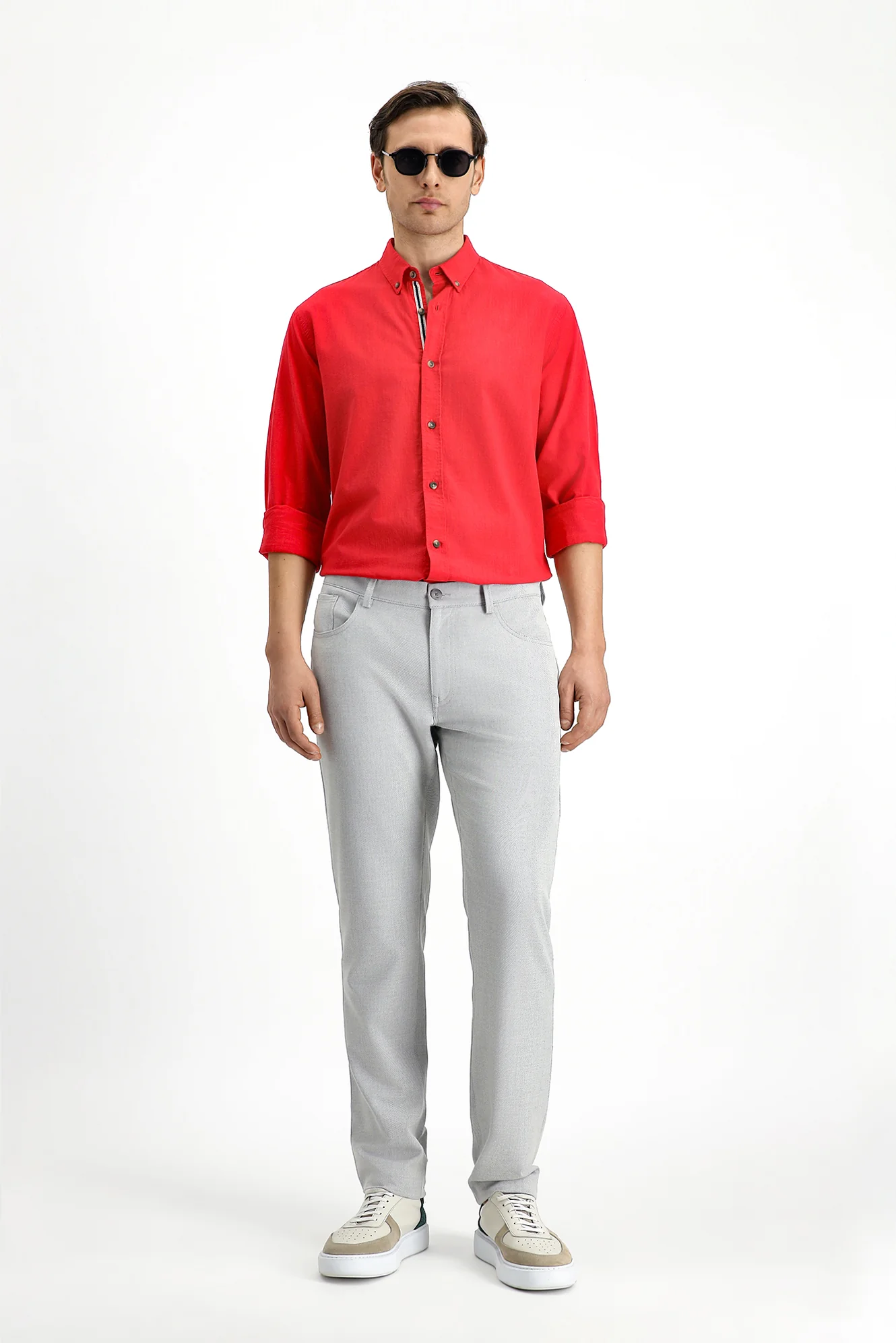 Açık Gri Slim Fit Dar Kesim Armürlü Klasik Pantolon - Image 3