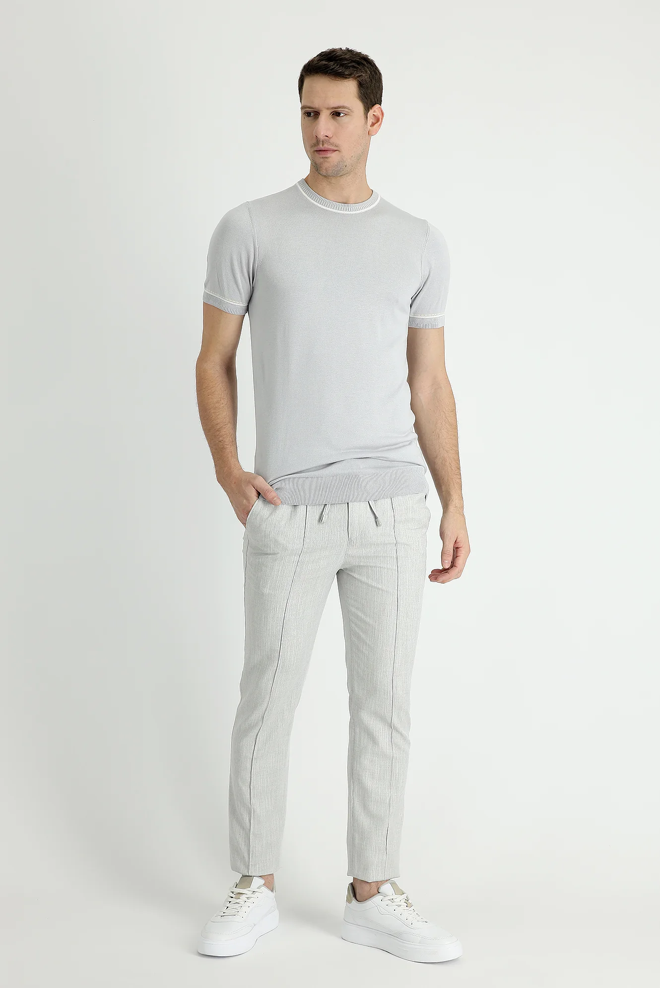 Açık Gri 7 Drop Slim Fit Dar Kesim Beli Lastikli İpli Desenli Keten Karışımlı Kumaş Pantolon