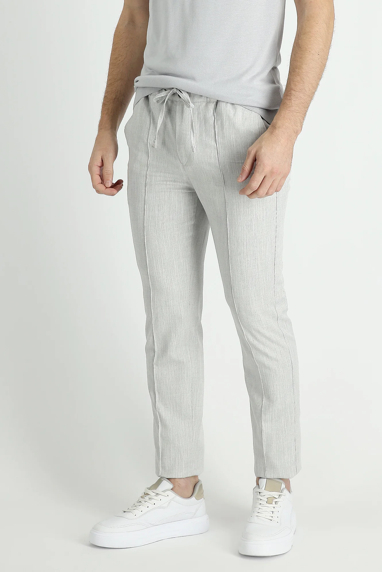 Açık Gri 7 Drop Slim Fit Dar Kesim Beli Lastikli İpli Desenli Keten Karışımlı Kumaş Pantolon - Image 2