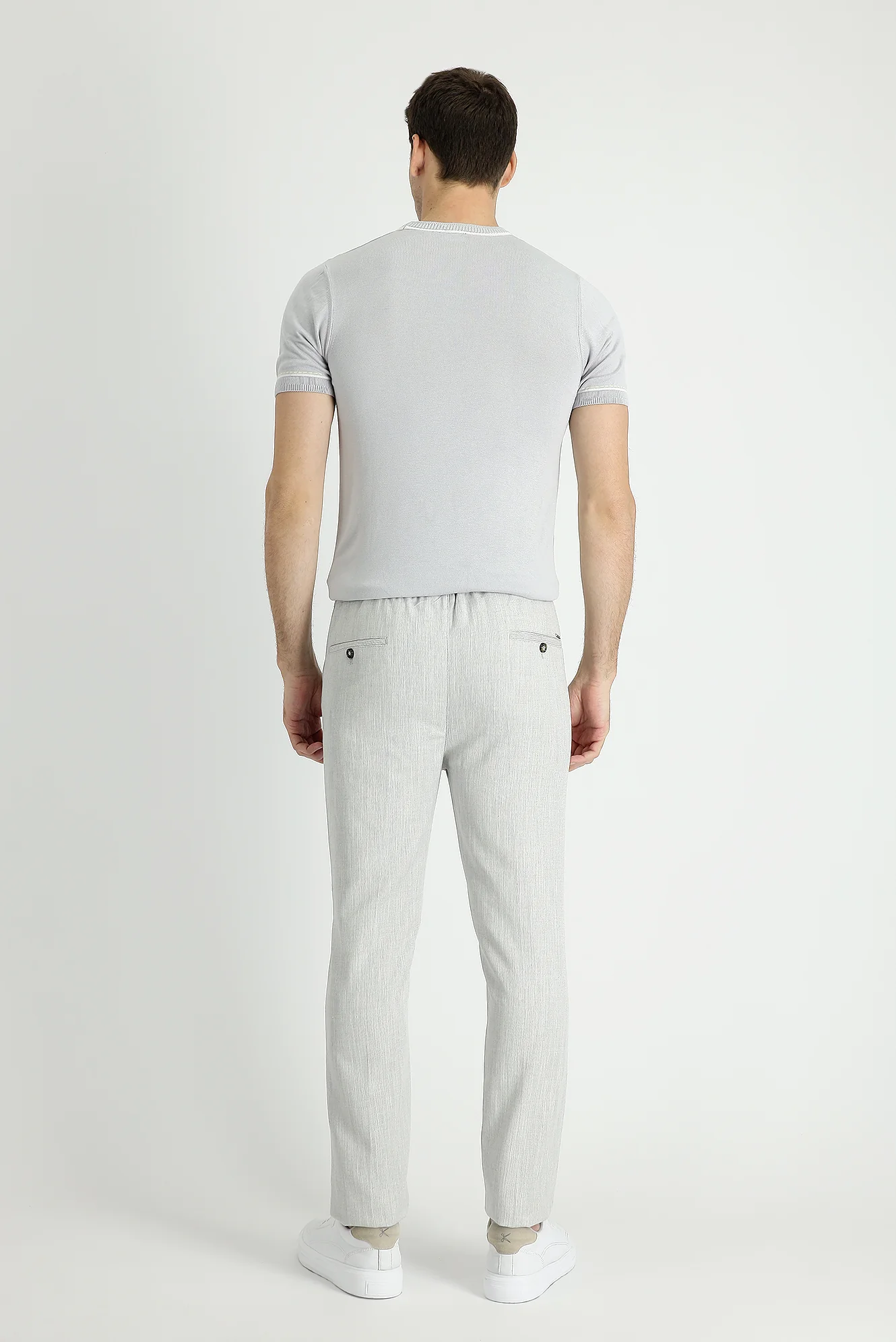 Açık Gri 7 Drop Slim Fit Dar Kesim Beli Lastikli İpli Desenli Keten Karışımlı Kumaş Pantolon - Image 3