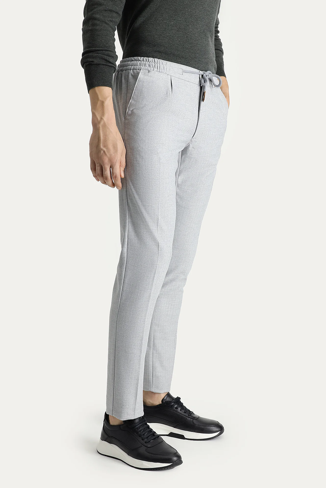 Açık Gri Slim Fit Dar Kesim Beli Lastikli İpli Desenli Likralı Pantolon - Image 2