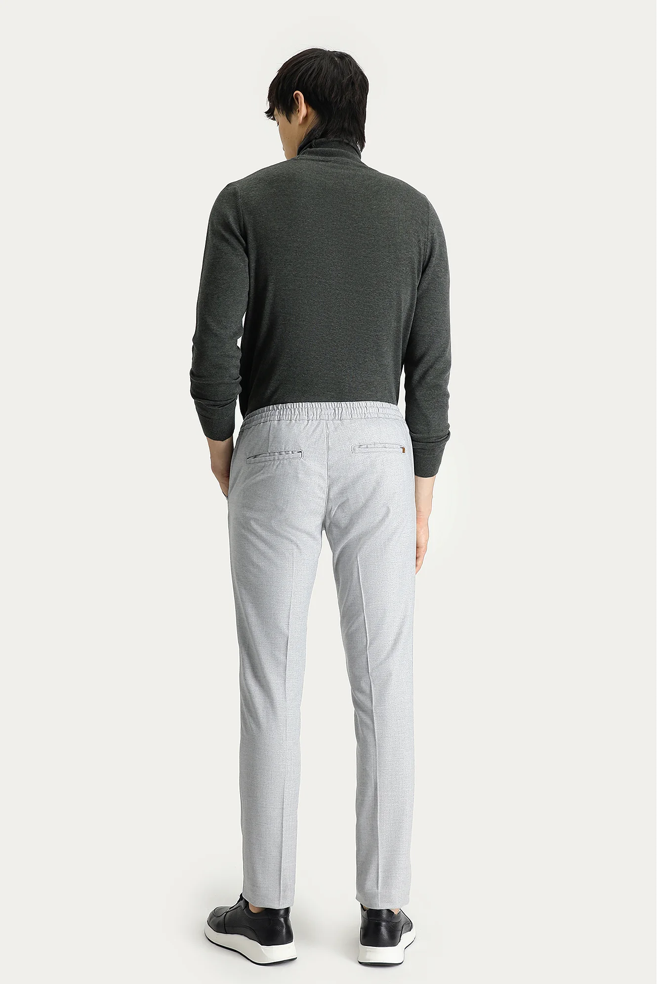 Açık Gri Slim Fit Dar Kesim Beli Lastikli İpli Desenli Likralı Pantolon - Image 3