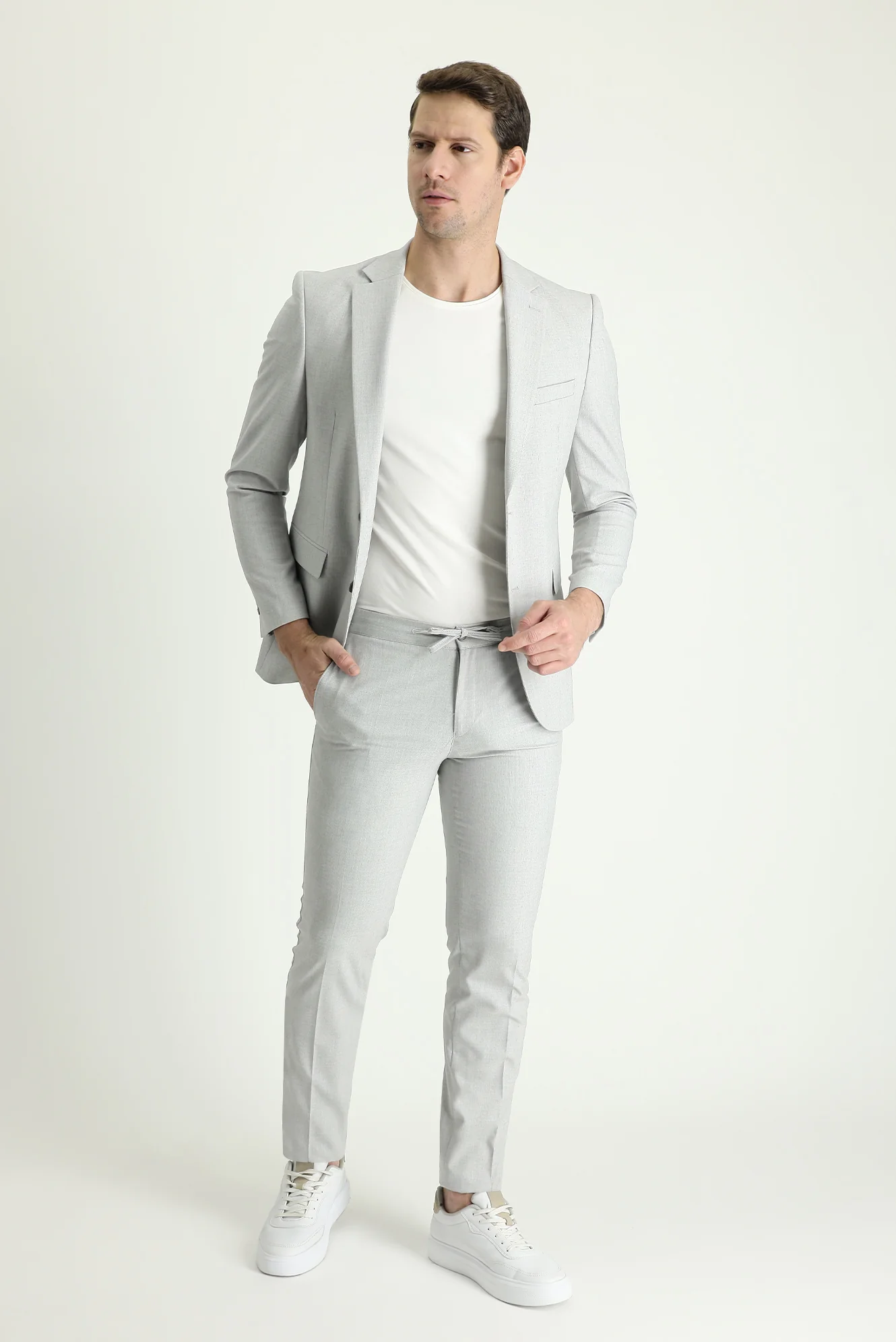 Açık Gri 7 Drop Slim Fit Dar Kesim Beli Lastikli İpli Takım Elbise