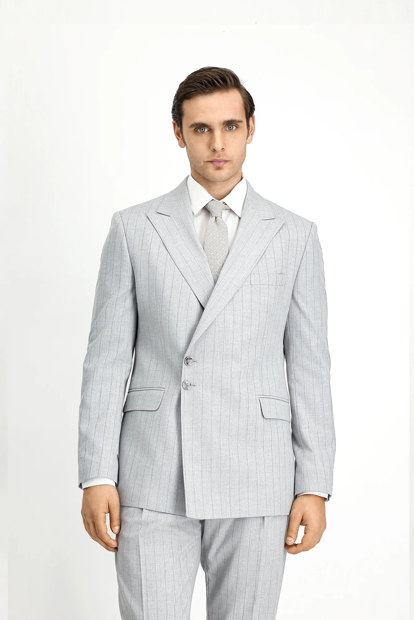 Açık Gri 7 Drop Slim Fit Dar Kesim Çizgili İtalyan Kesim Kruvaze Takım Elbise