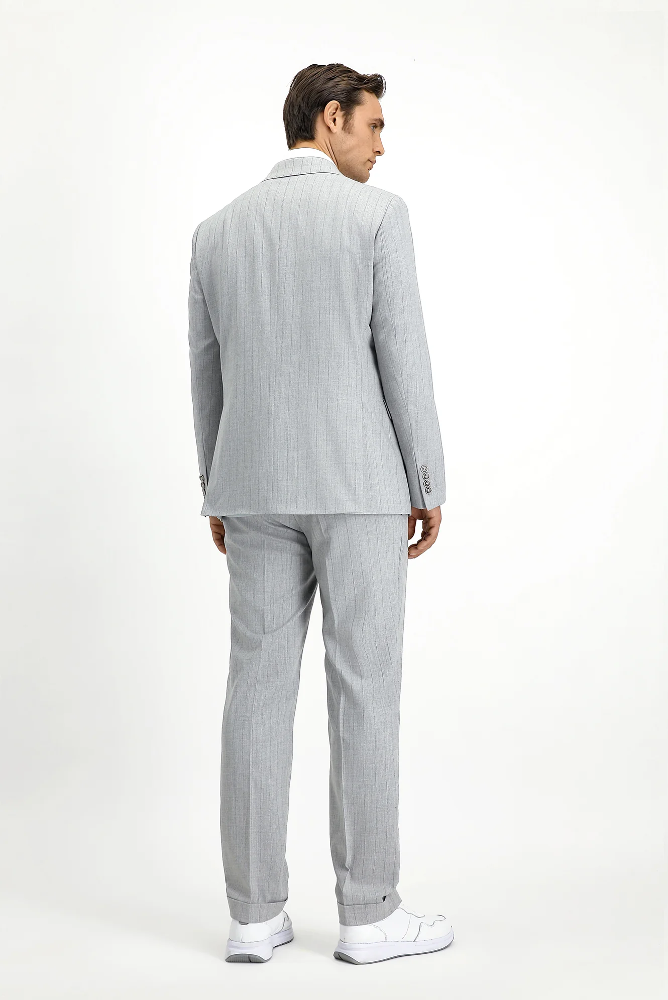 Açık Gri 7 Drop Slim Fit Dar Kesim Çizgili İtalyan Kesim Kruvaze Takım Elbise - Image 2