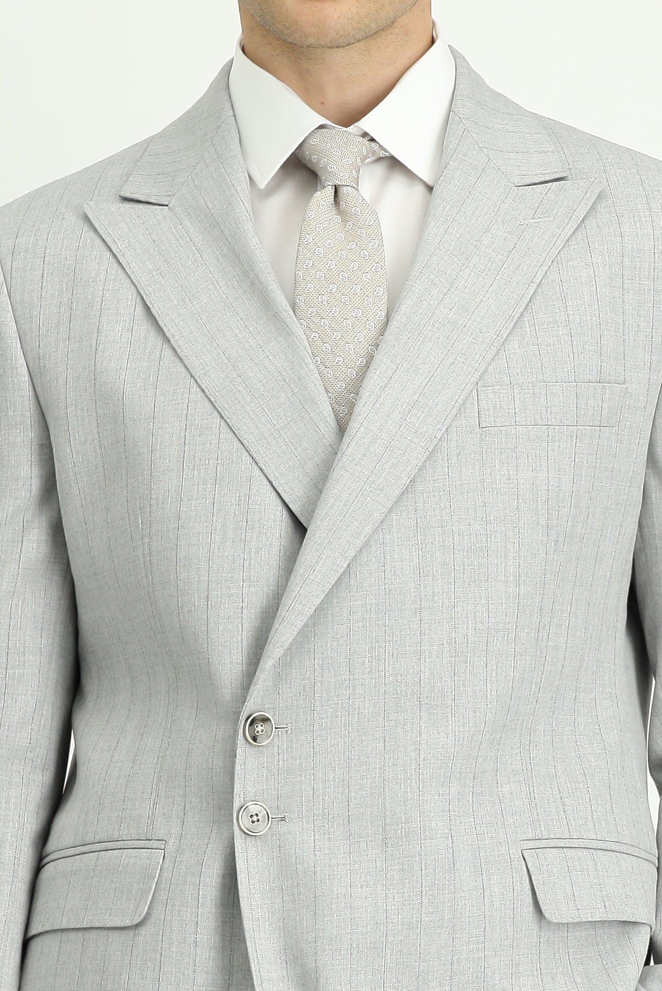 Açık Gri 7 Drop Slim Fit Dar Kesim Çizgili İtalyan Kesim Kruvaze Takım Elbise - Image 3