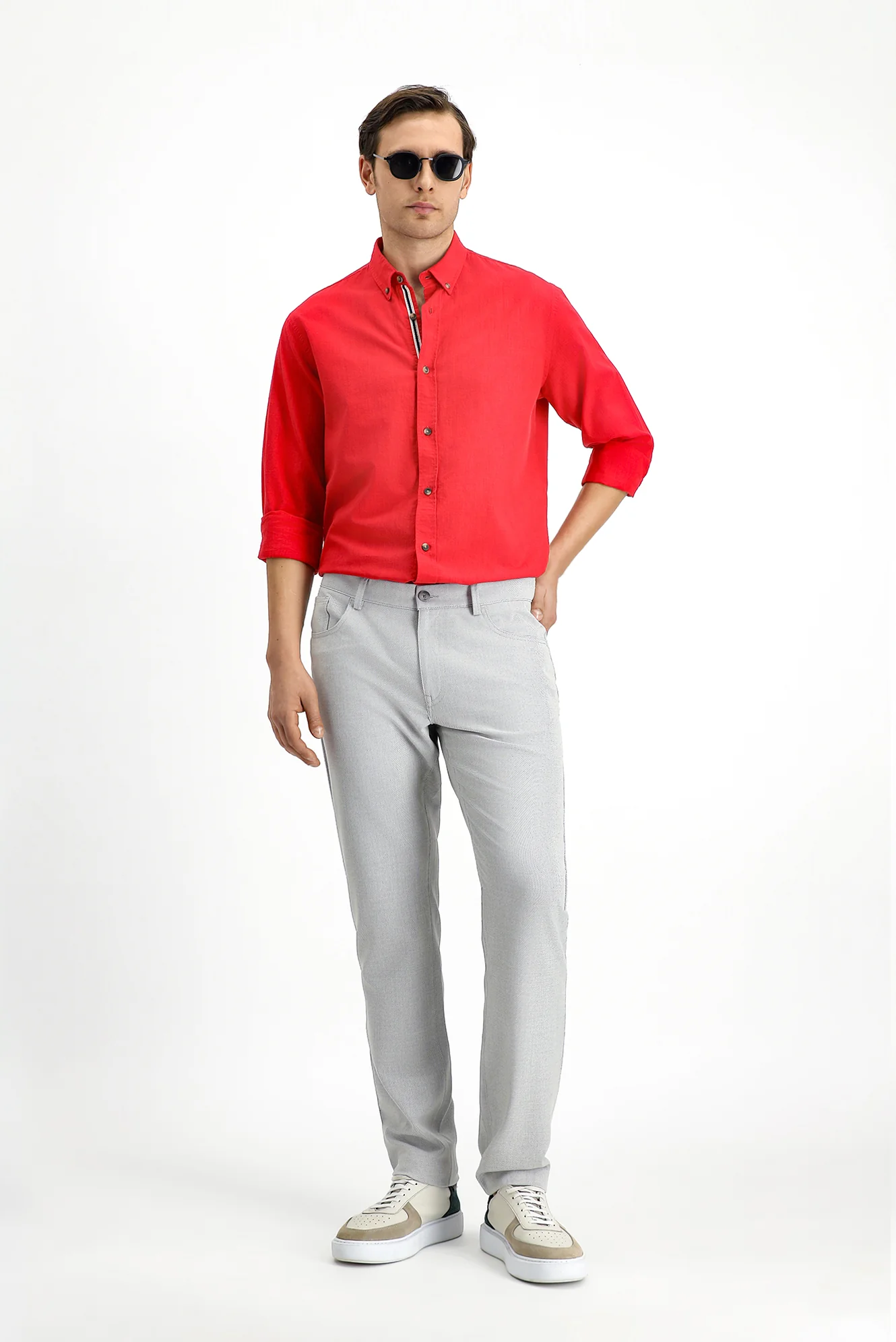 Açık Gri Slim Fit Dar Kesim Desenli Likralı Kanvas / Chino Pantolon - Image 2