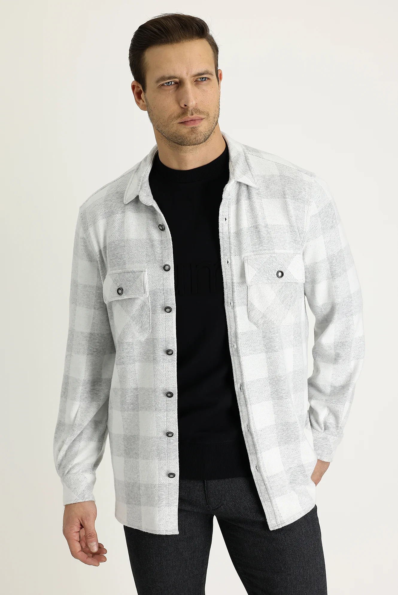 Açık Gri Slim Fit Dar Kesim Ekose Shacket Gömlek / Mont - Image 2