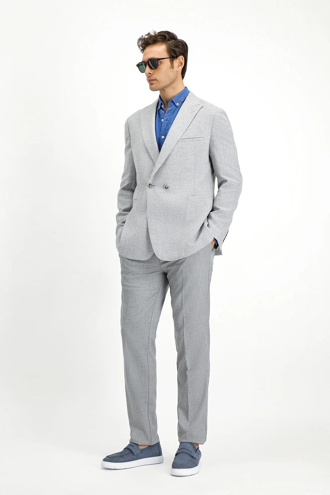 Açık Gri 7 Drop Slim Fit Dar Kesim Keten Karışımlı Kruvaze Ceket - Image 3
