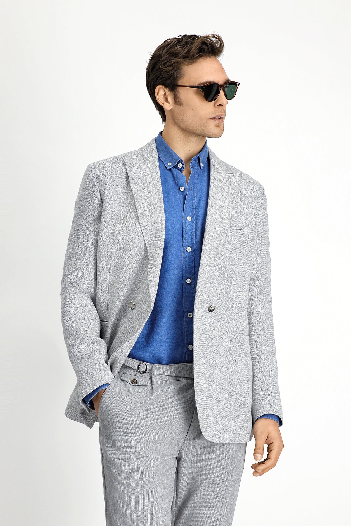 Açık Gri 7 Drop Slim Fit Dar Kesim Keten Karışımlı Kruvaze Ceket - Image 4
