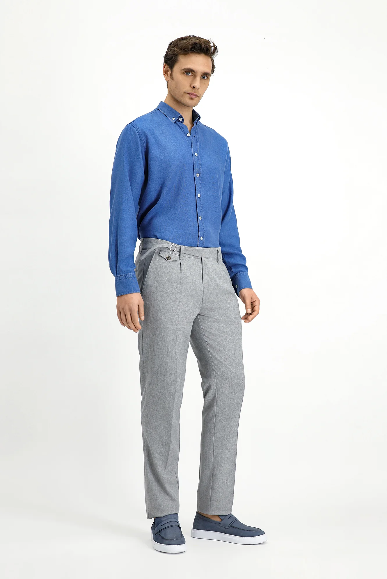 Açık Gri 7 Drop Slim Fit Dar Kesim Likralı Desenli Tokalı Pileli Klasik Kumaş Pantolon