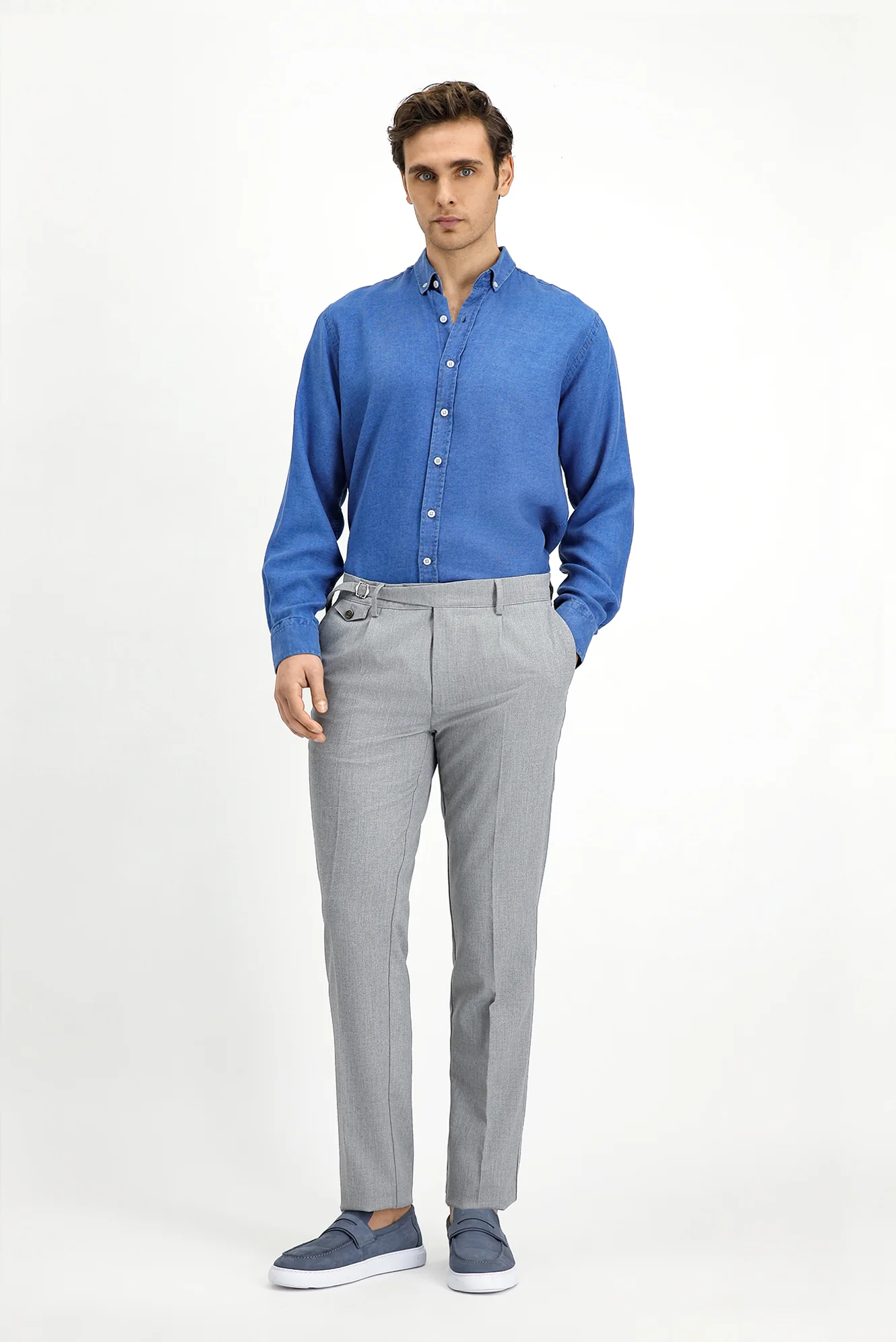 Açık Gri 7 Drop Slim Fit Dar Kesim Likralı Desenli Tokalı Pileli Klasik Kumaş Pantolon - Image 2
