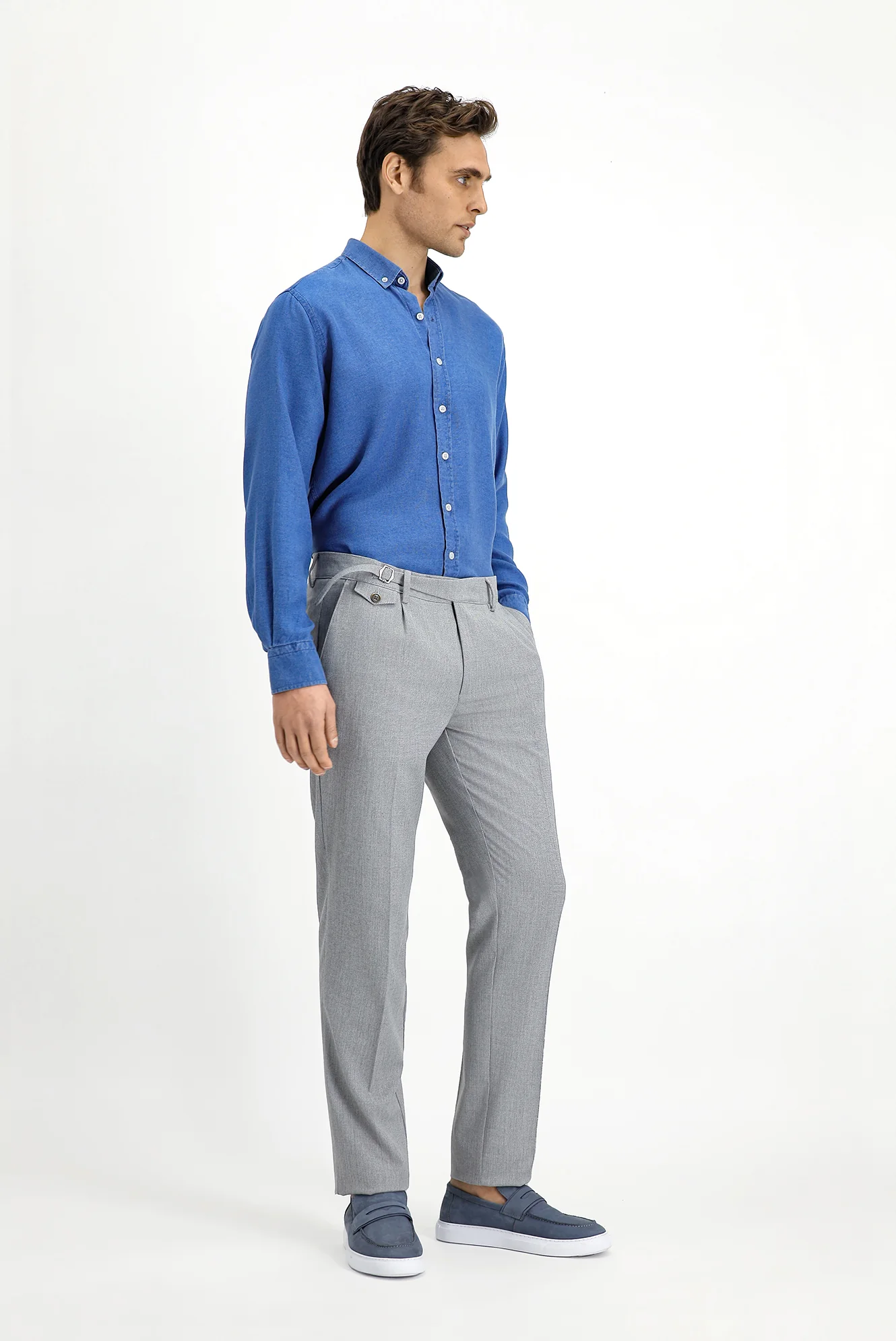 Açık Gri 7 Drop Slim Fit Dar Kesim Likralı Desenli Tokalı Pileli Klasik Kumaş Pantolon - Image 3