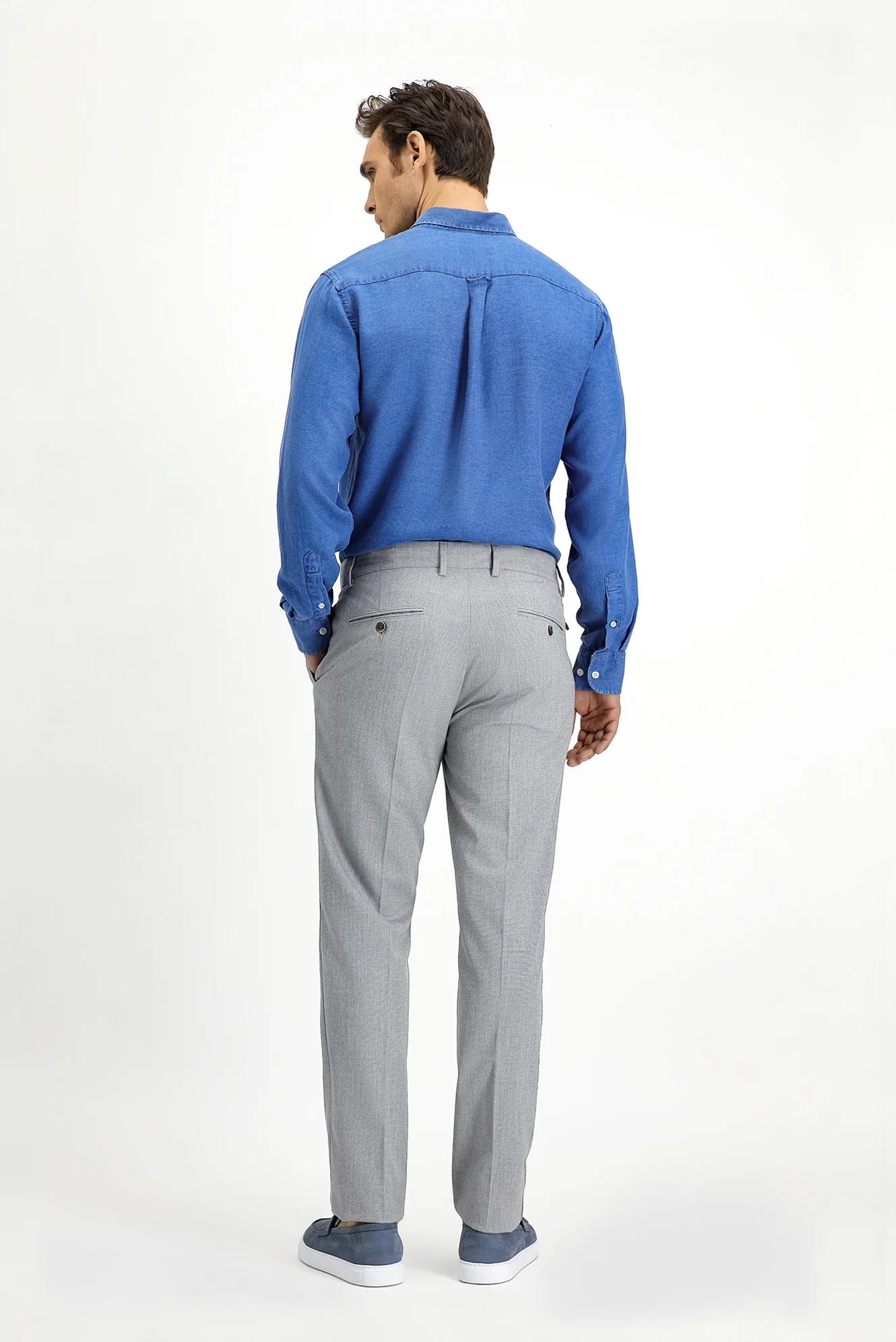 Açık Gri 7 Drop Slim Fit Dar Kesim Likralı Desenli Tokalı Pileli Klasik Kumaş Pantolon - Image 4