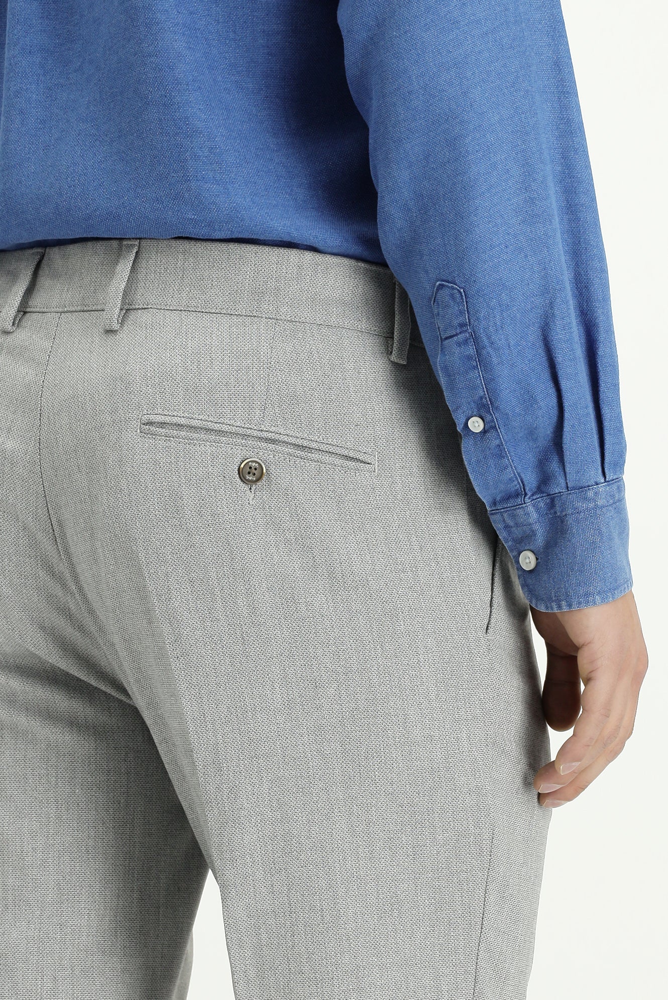 Açık Gri 7 Drop Slim Fit Dar Kesim Likralı Desenli Tokalı Pileli Klasik Kumaş Pantolon - Image 6