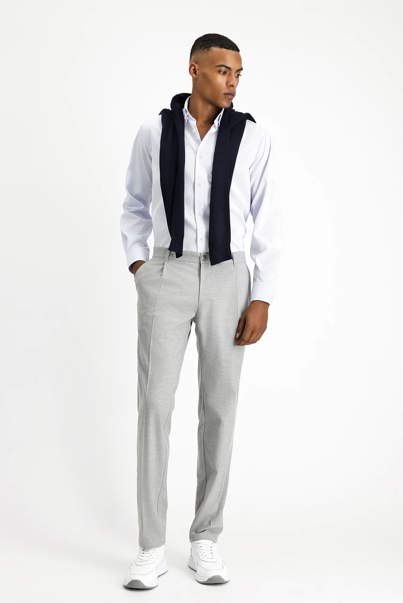 Açık Gri 7 Drop Slim Fit Dar Kesim Likralı Pileli Klasik Kumaş Pantolon - Image 2