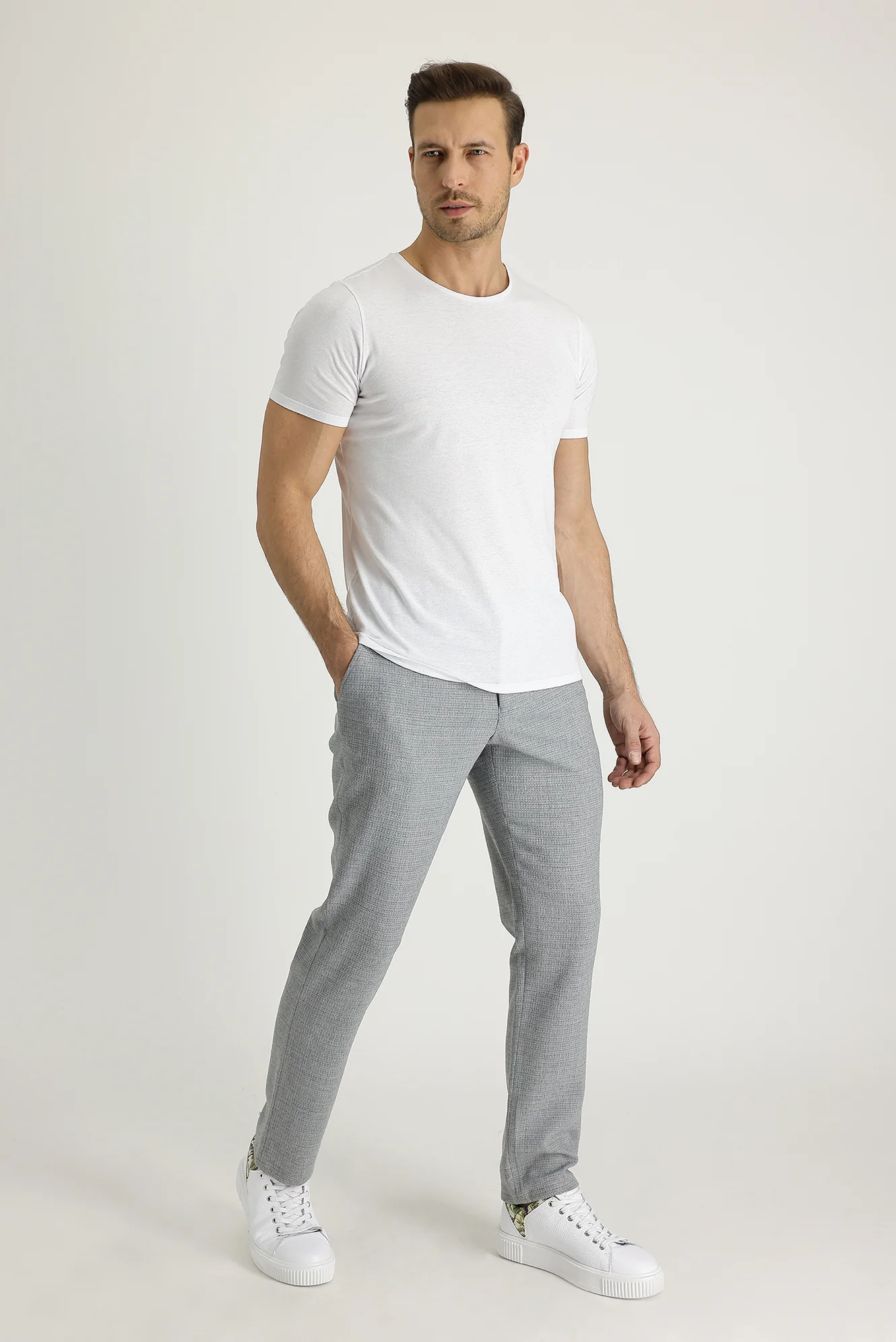 Açık Gri 7 Drop Slim Fit Dar Kesim Yünlü Beli Lastikli İpli Kuşgözü Kumaş Pantolon