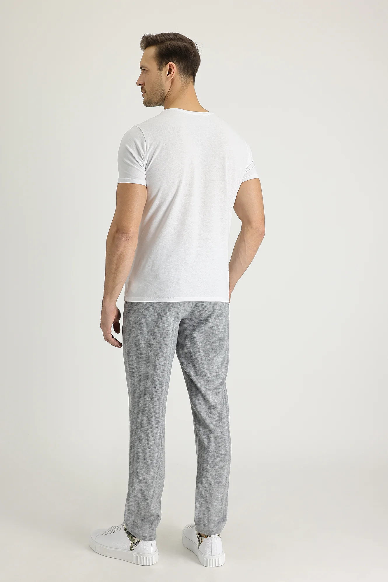 Açık Gri 7 Drop Slim Fit Dar Kesim Yünlü Beli Lastikli İpli Kuşgözü Kumaş Pantolon - Image 2