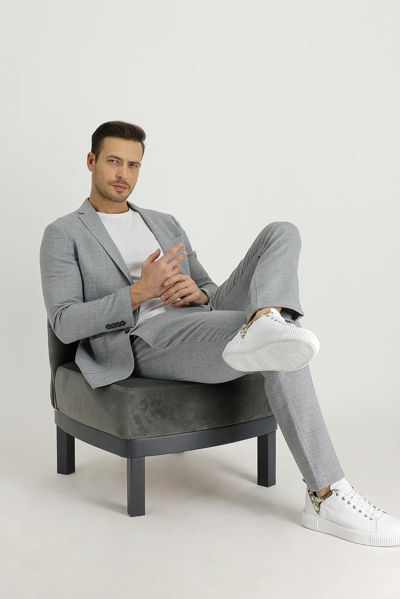 Açık Gri 7 Drop Slim Fit Dar Kesim Yünlü Beli Lastikli İpli Kuşgözü Kumaş Pantolon - Image 5