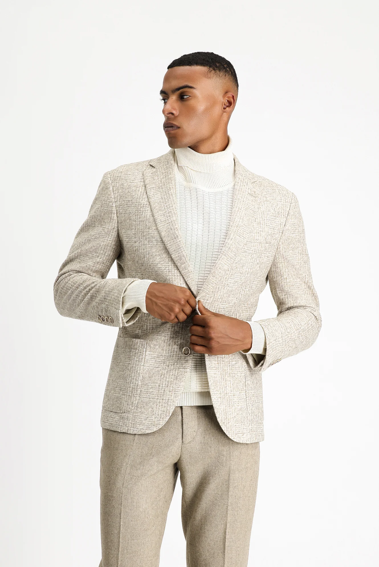 Açık Gri 7 Drop Slim Fit Dar Kesim Yünlü Ekose Spor İtalyan Ceket