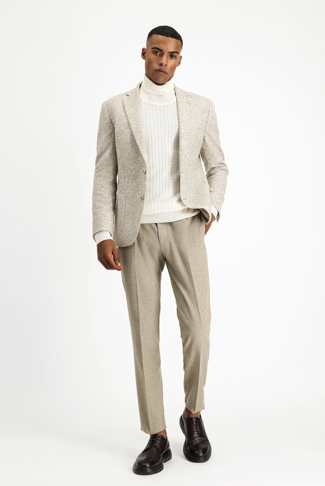 Açık Gri 7 Drop Slim Fit Dar Kesim Yünlü Ekose Spor İtalyan Ceket - Image 2