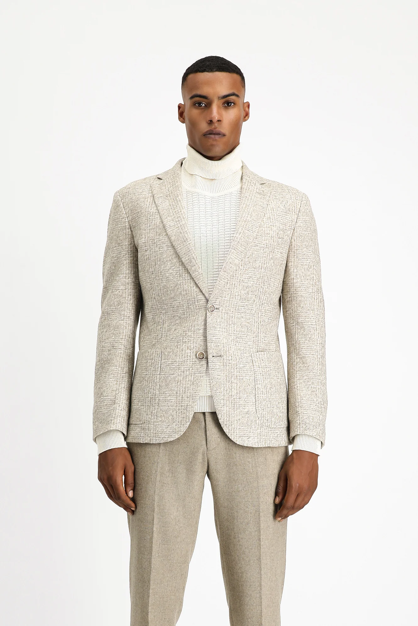 Açık Gri 7 Drop Slim Fit Dar Kesim Yünlü Ekose Spor İtalyan Ceket - Image 4