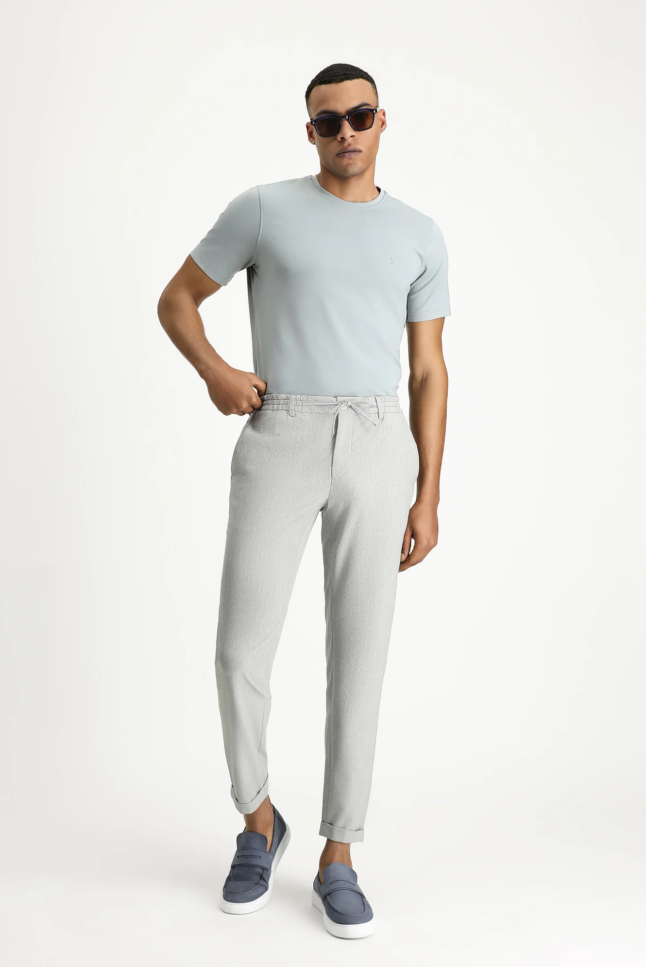 Açık Gri 7 Drop Super Slim Fit Eksra Dar Kesim Beli Lastikli İpli Gofre Likralı Klasik Kumaş Pantolon