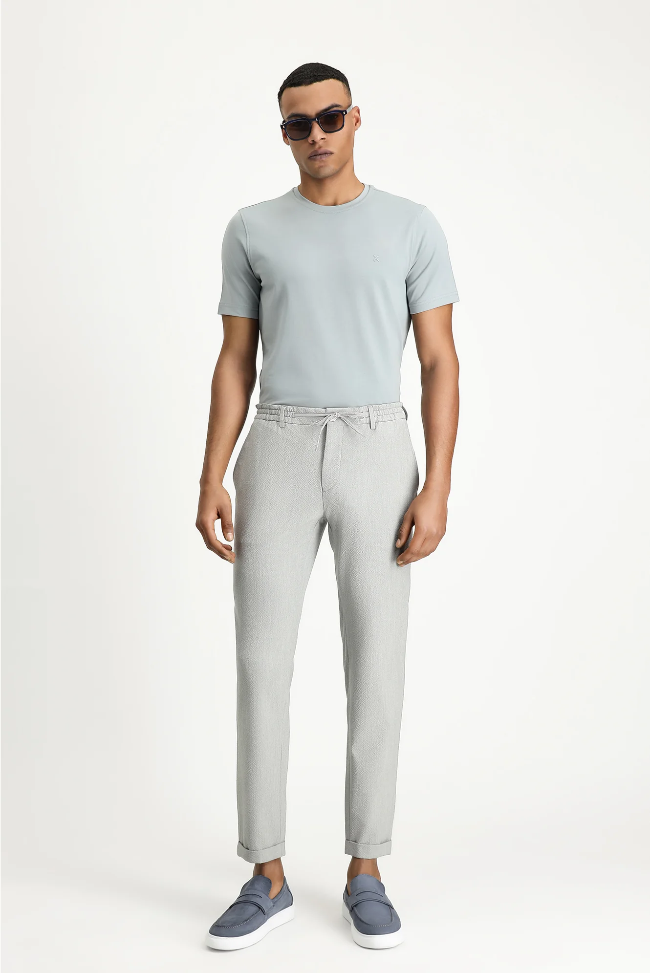 Açık Gri 7 Drop Super Slim Fit Eksra Dar Kesim Beli Lastikli İpli Gofre Likralı Klasik Kumaş Pantolon - Image 3