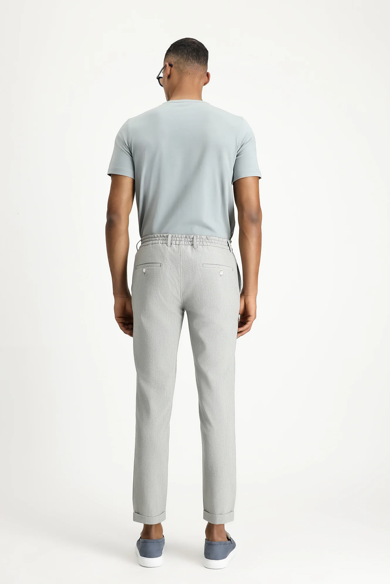 Açık Gri 7 Drop Super Slim Fit Eksra Dar Kesim Beli Lastikli İpli Gofre Likralı Klasik Kumaş Pantolon - Image 4