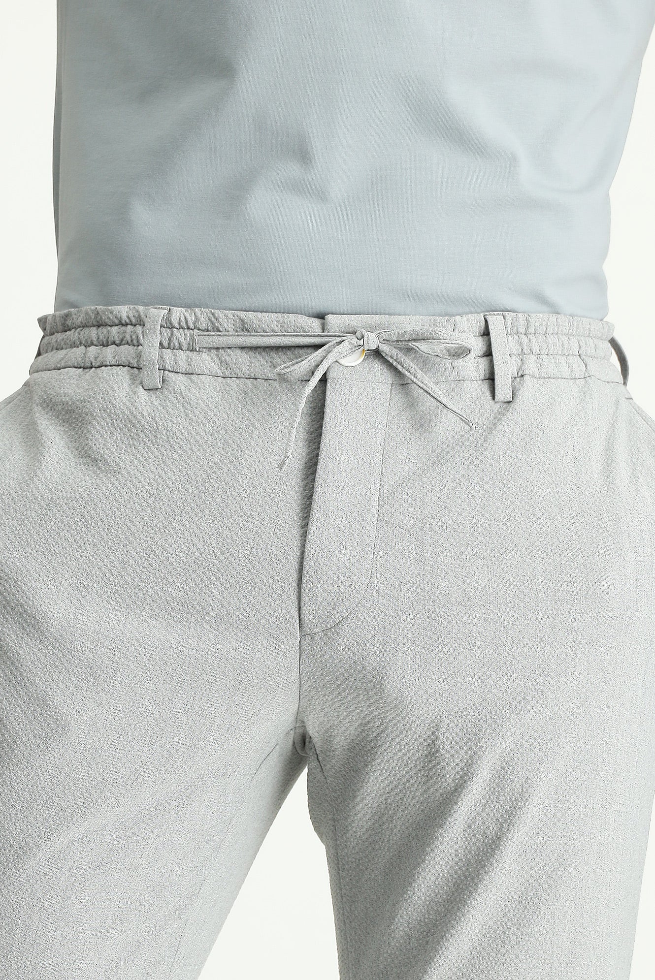 Açık Gri 7 Drop Super Slim Fit Eksra Dar Kesim Beli Lastikli İpli Gofre Likralı Klasik Kumaş Pantolon - Image 5