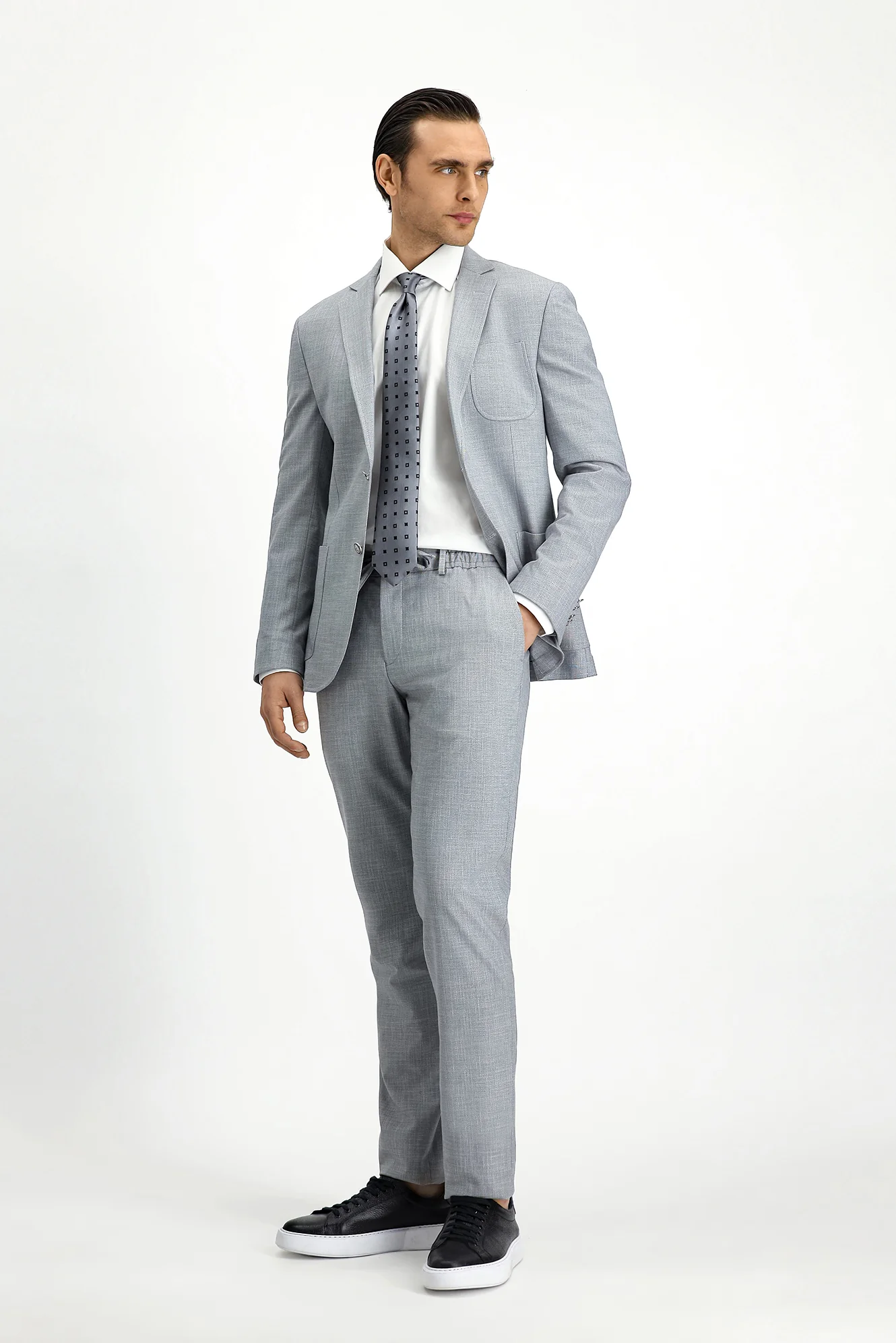Açık Gri 7 Drop Super Slim Fit Eksra Dar Kesim Desenli Beli Lastikli İpli Takım Elbise