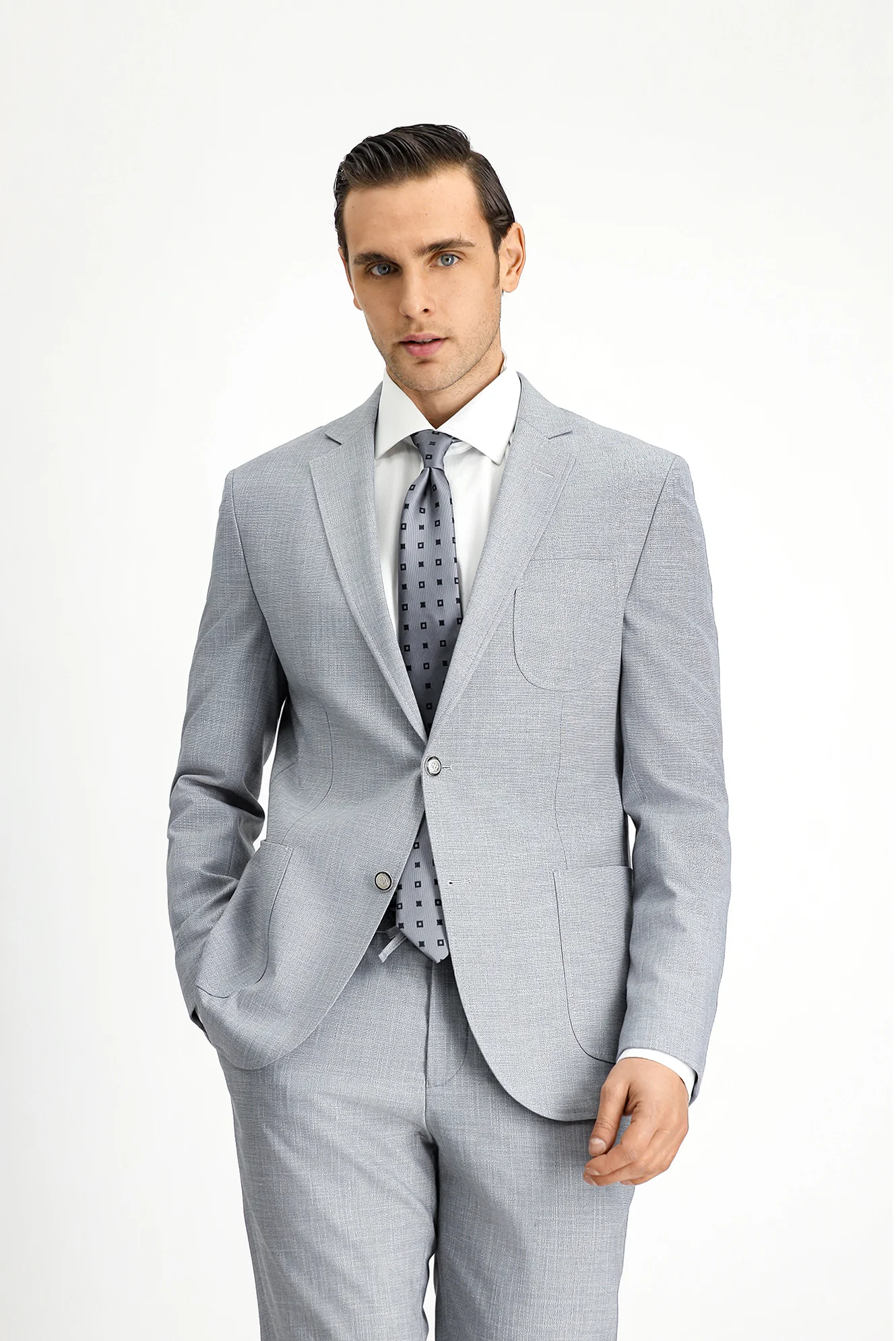 Açık Gri 7 Drop Super Slim Fit Eksra Dar Kesim Desenli Beli Lastikli İpli Takım Elbise - Image 5
