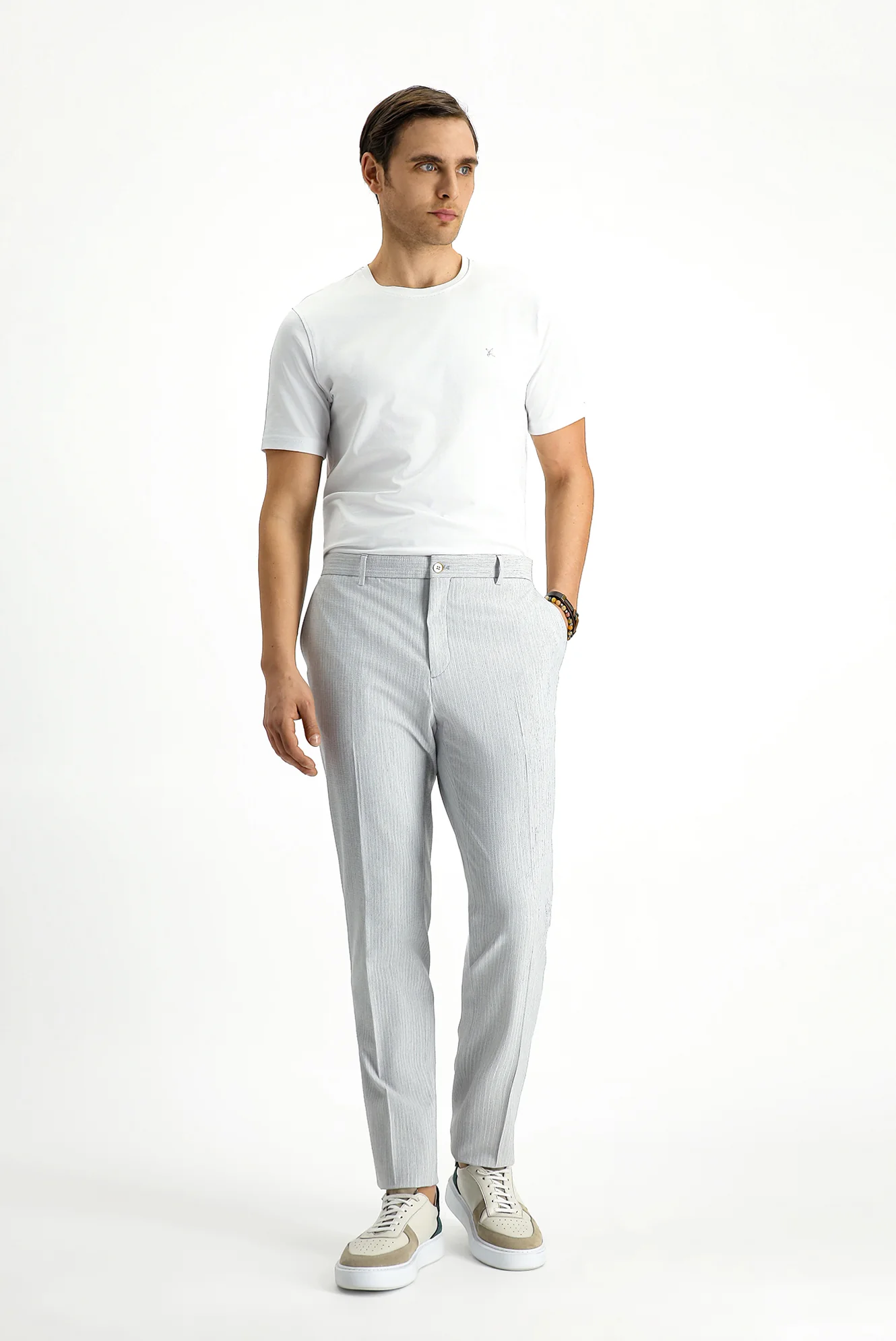 Açık Gri 7 Drop Super Slim Fit Eksra Dar Kesim Likralı Çizgili Klasik Kumaş Pantolon
