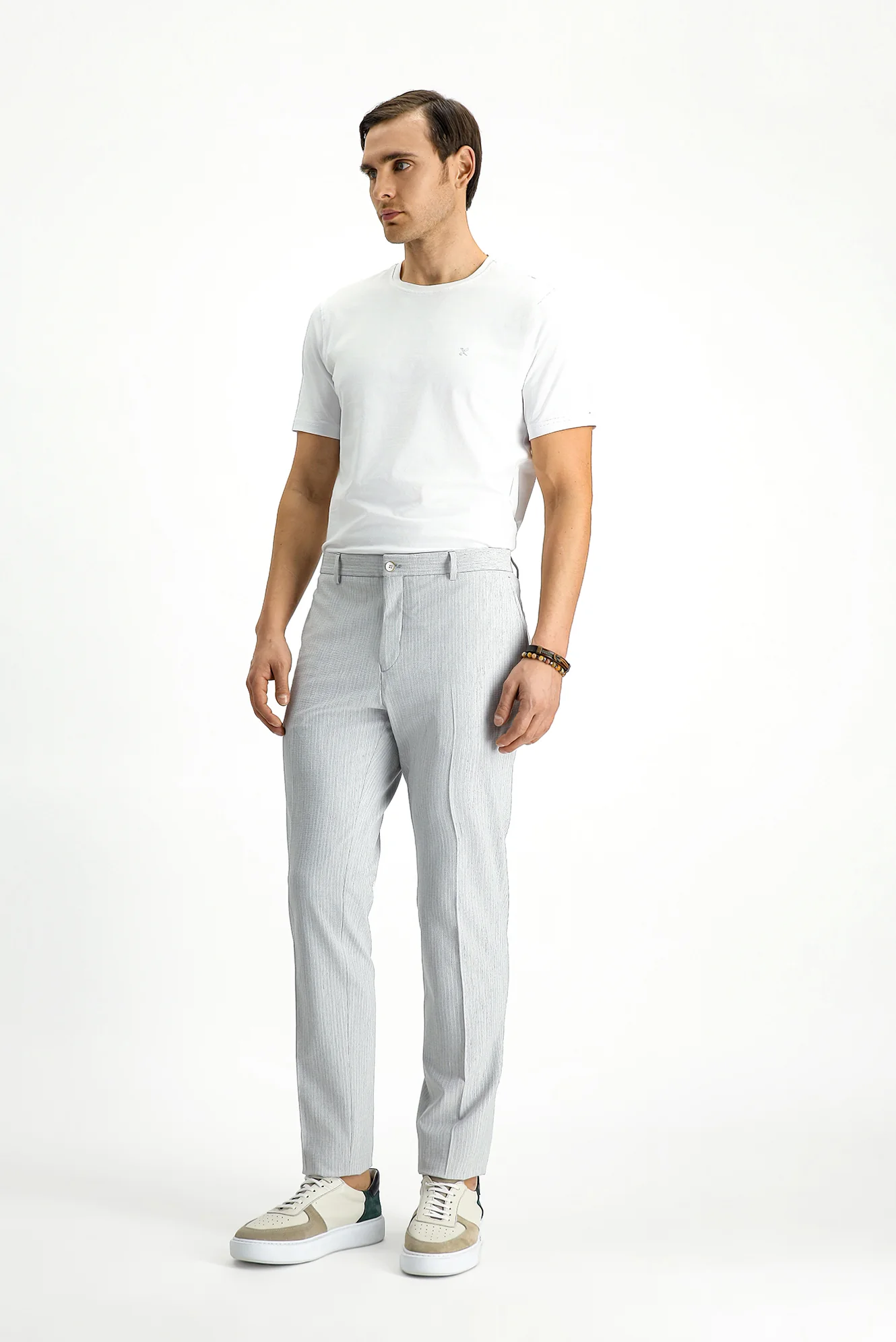 Açık Gri 7 Drop Super Slim Fit Eksra Dar Kesim Likralı Çizgili Klasik Kumaş Pantolon - Image 2