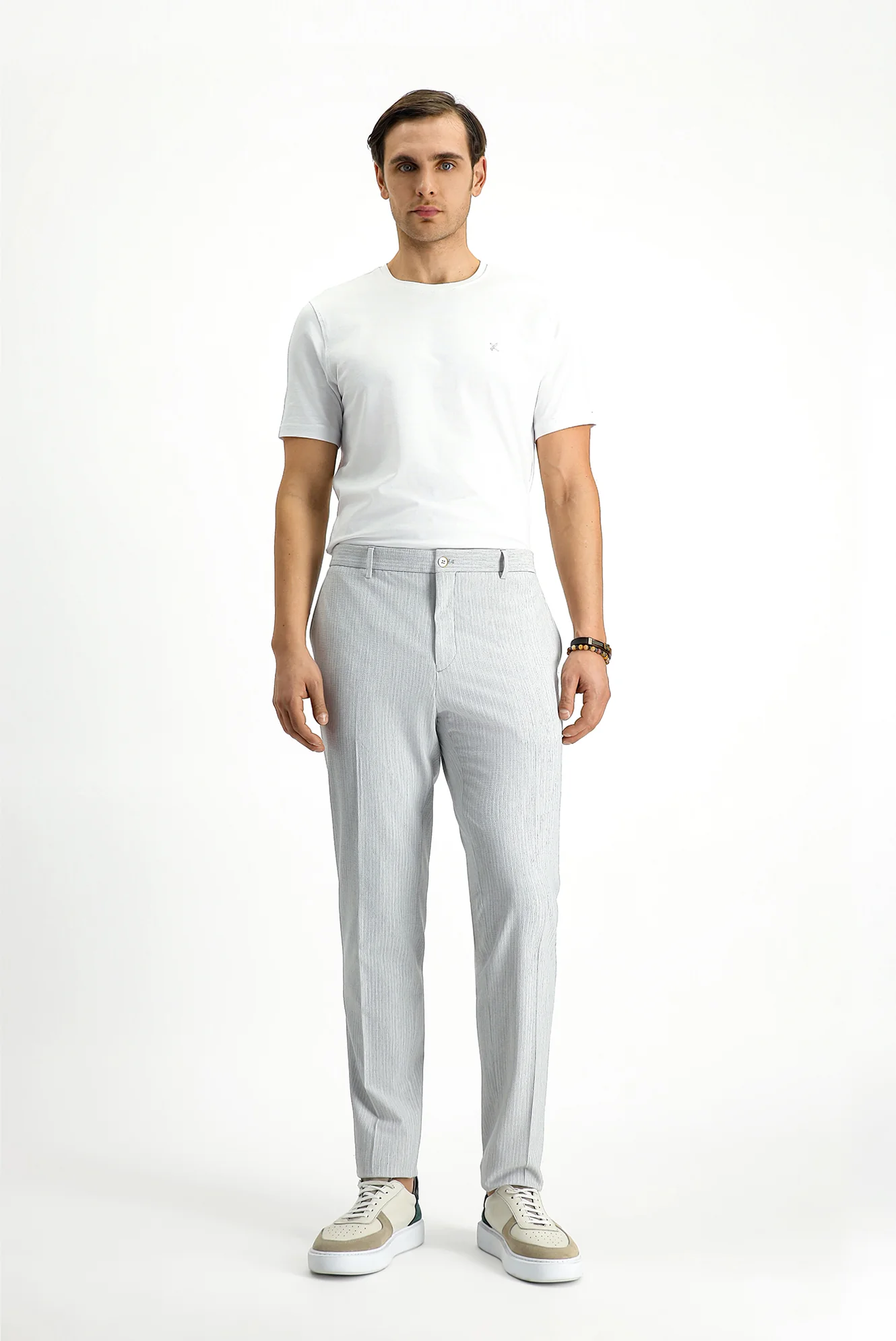 Açık Gri 7 Drop Super Slim Fit Eksra Dar Kesim Likralı Çizgili Klasik Kumaş Pantolon - Image 3