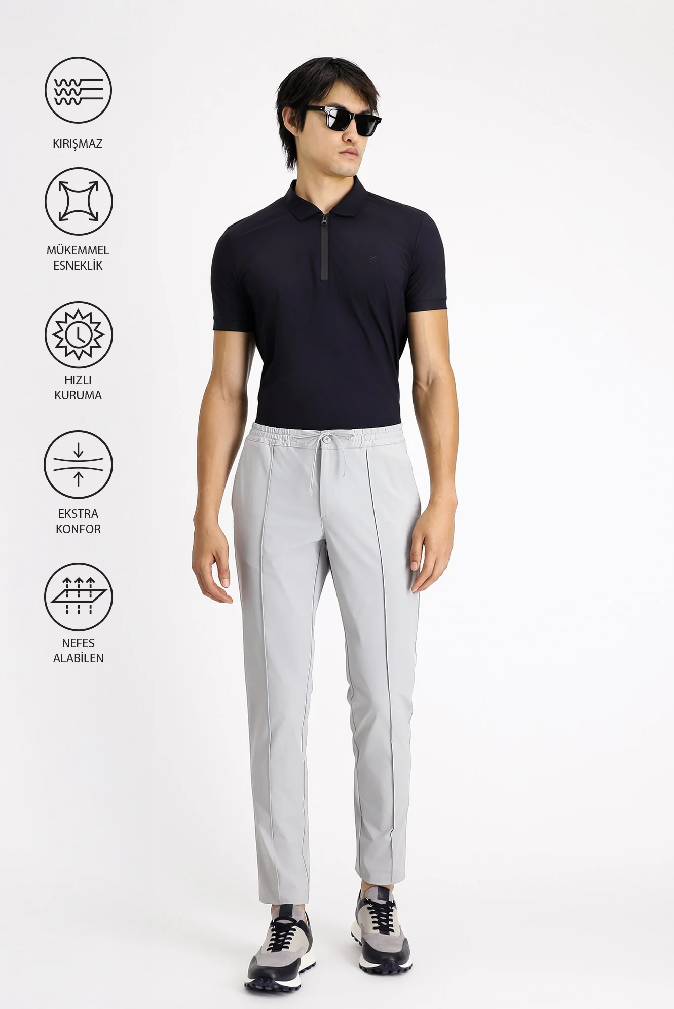 Açık Gri Techno-Line 7 Drop Super Slim Fit Eksra Dar Kesim Likralı Beli Lastikli İpli Klasik Kumaş Pantolon