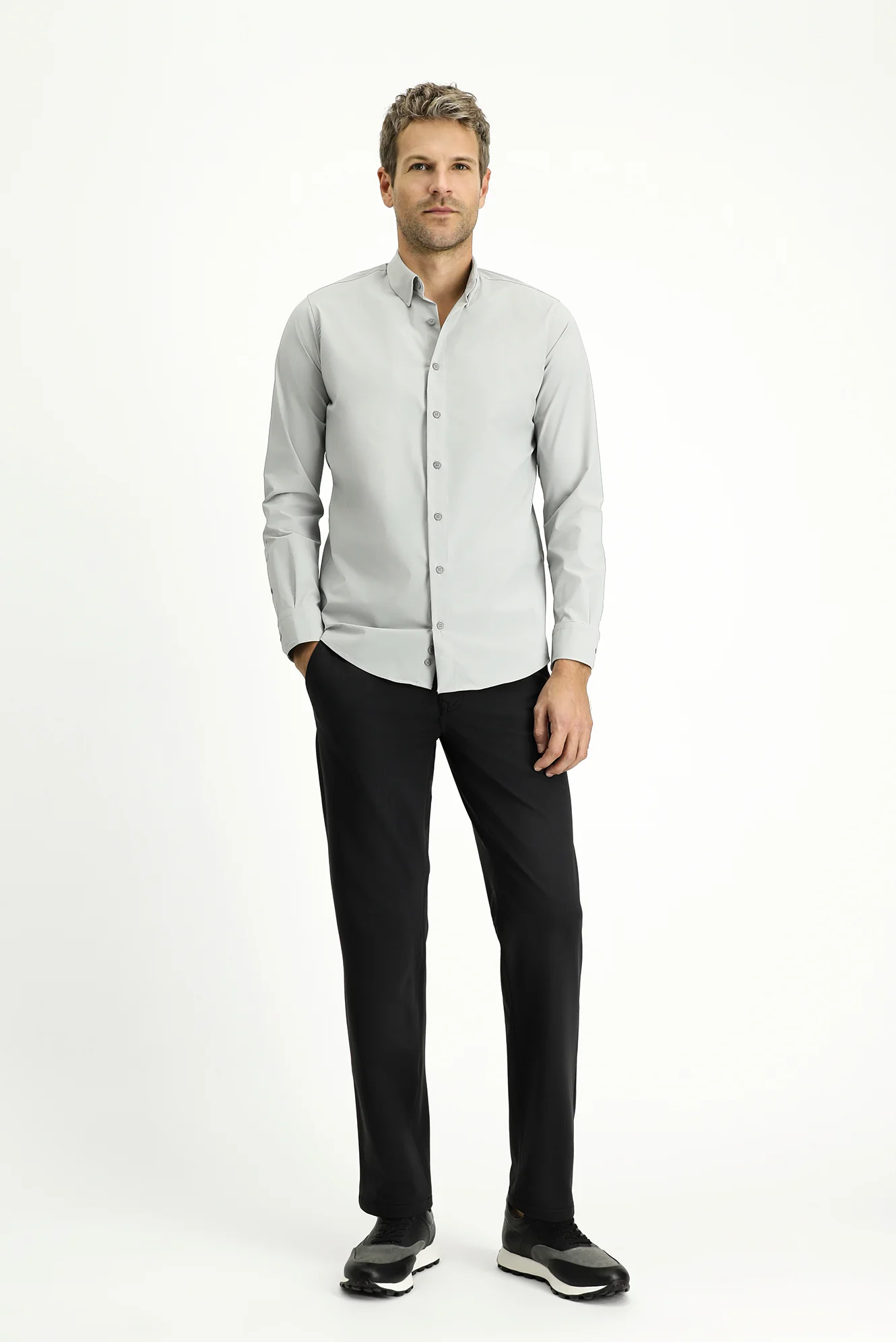 Açık Gri Techno-Line Uzun Kol Slim Fit Dar Kesim Likralı Gömlek - Image 2